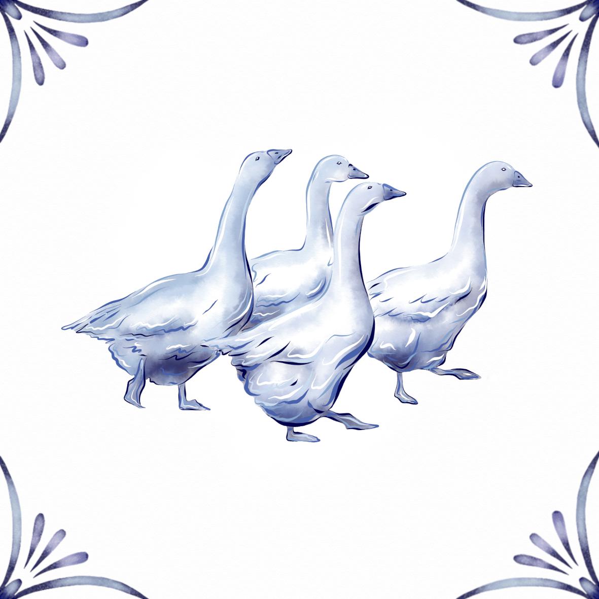 Delft Blue Ceramic Tile- Gaggle of Geese / Goose︱Bathroom Tile, Splashback, Kitchen Tiles, Modern Dutch Style