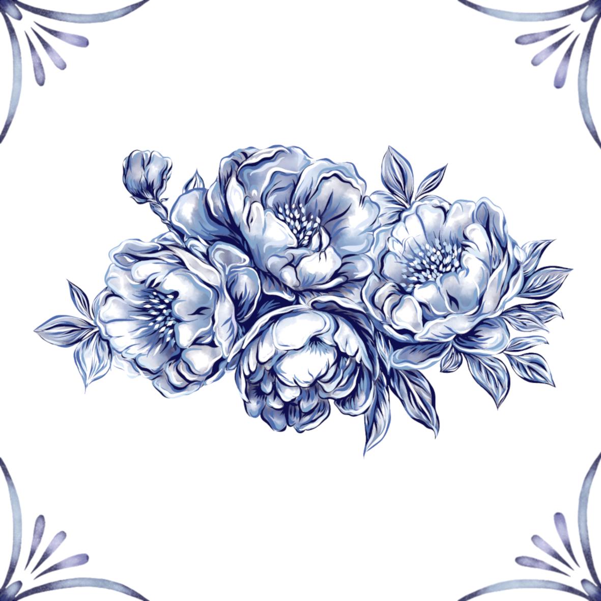 Delft Blue Ceramic Tile- Peony Cluster︱Bathroom Tile, Splashback, Kitchen Tiles, Modern Dutch Style