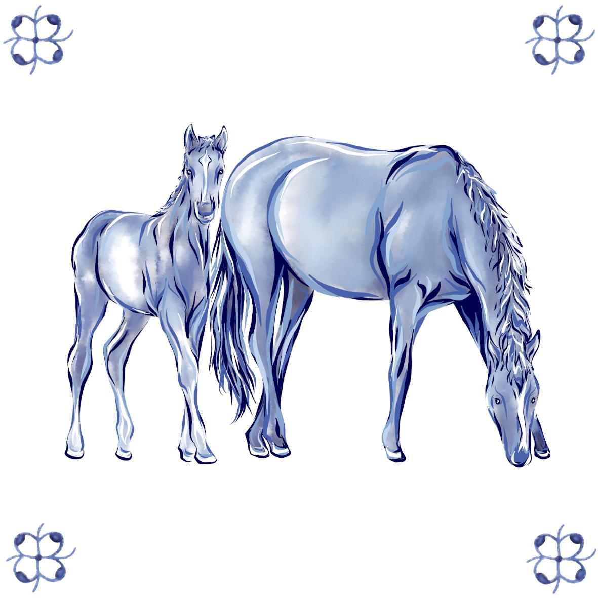 Delft Blue Ceramic Tile- Horse and Foal︱Bathroom Tile, Splashback, Kitchen Tiles, Modern Dutch Style
