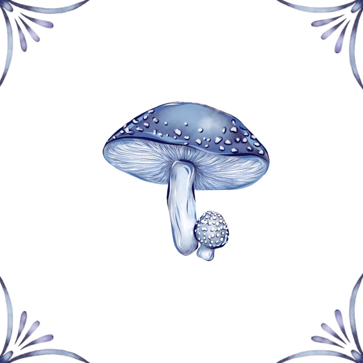 Delft Blue Ceramic Tile- Mushroom︱Bathroom Tile, Splashback, Kitchen Tiles, Modern Dutch Style