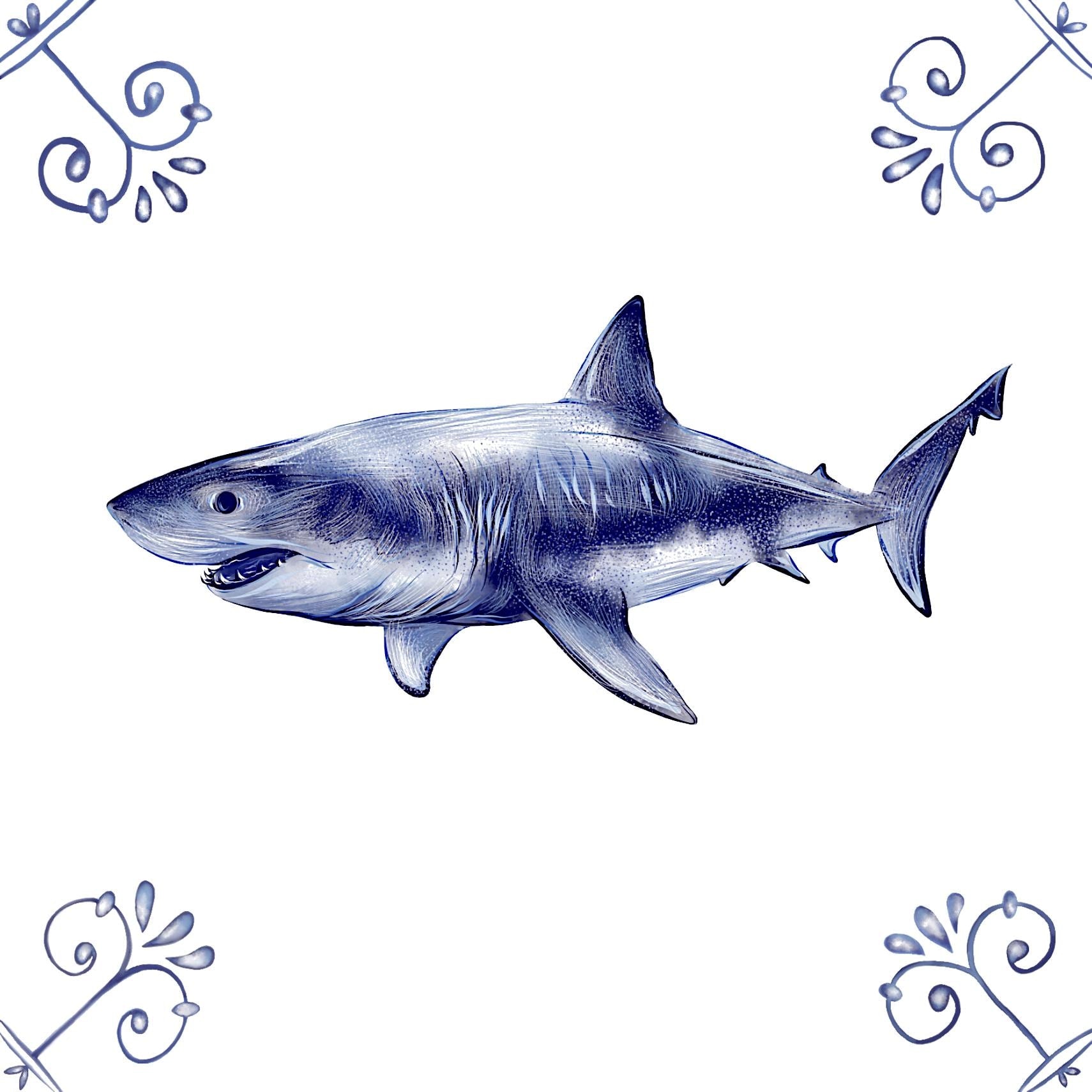 Delft Blue Ceramic Tile- Great White Shark︱Bathroom Tile, Splashback, Kitchen Tiles, Modern Dutch Style