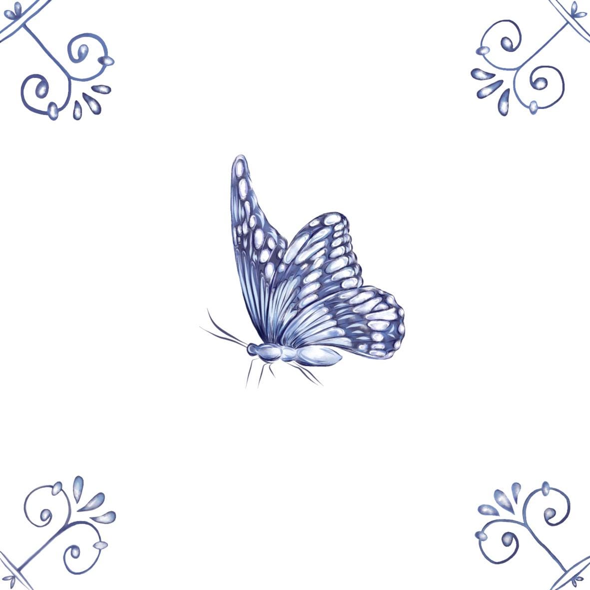 Delft Blue Ceramic Tile- Monarch Butterfly︱Bathroom Tile, Splashback, Kitchen Tiles, Modern Dutch Style