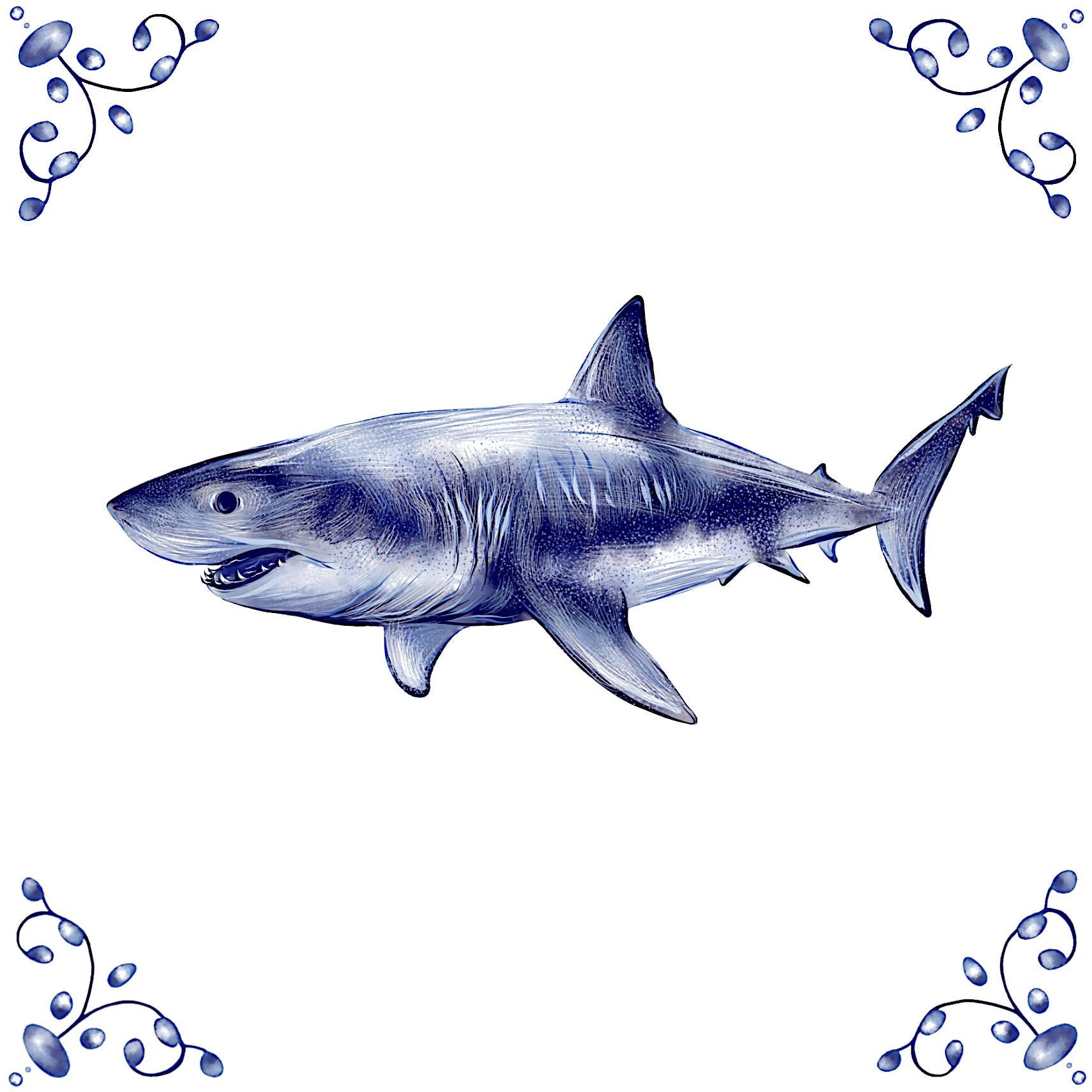 Delft Blue Ceramic Tile- Great White Shark︱Bathroom Tile, Splashback, Kitchen Tiles, Modern Dutch Style