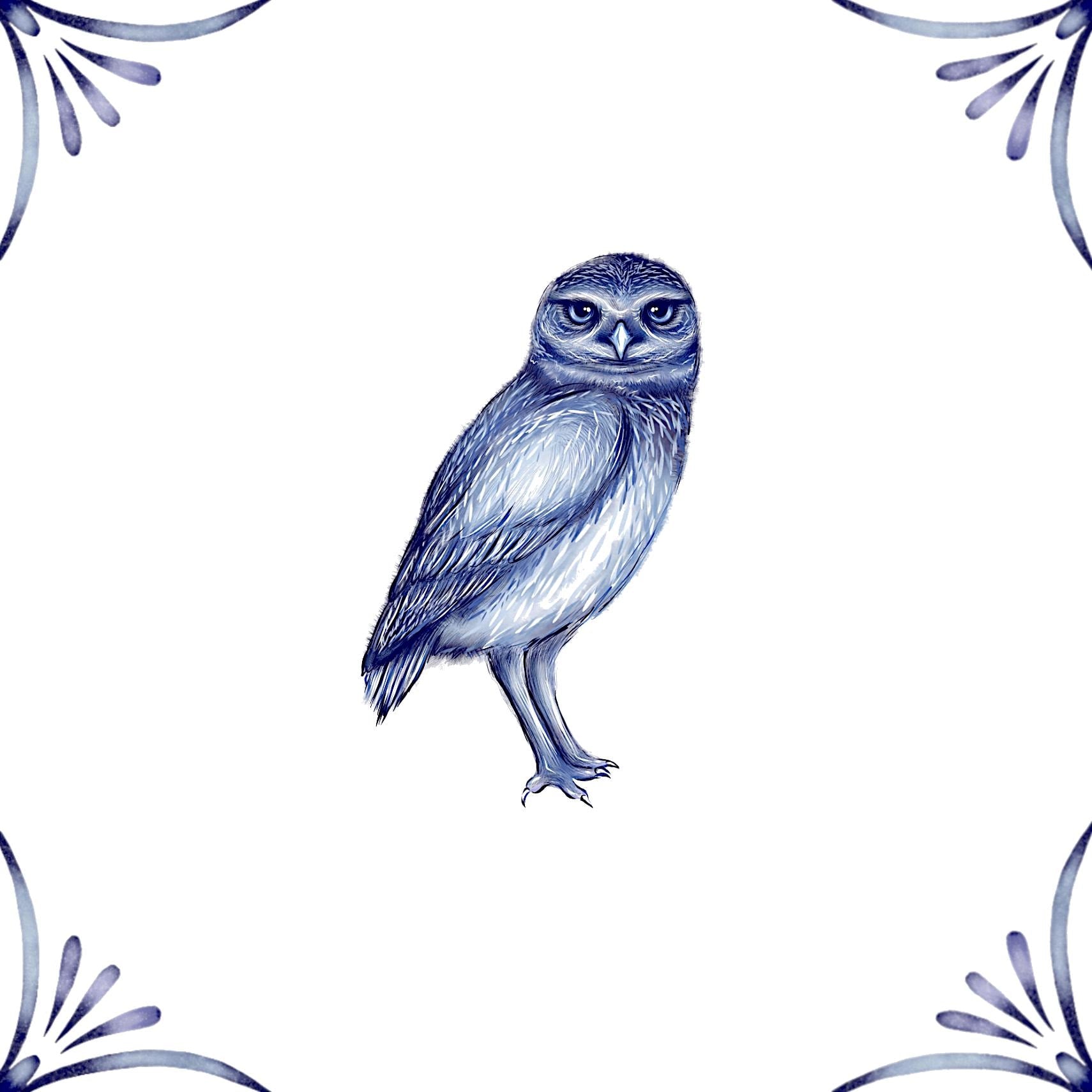 Delft Blue Ceramic Tile- Burrowing Owl︱Bathroom Tile, Splashback, Kitchen Tiles, Modern Dutch Style