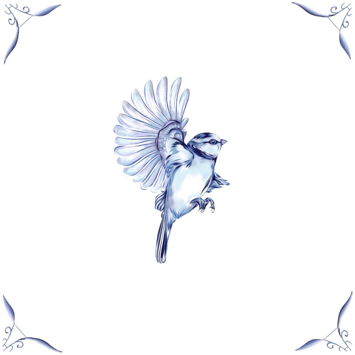 Delft Blue Ceramic Tile- Blue Tit︱Bathroom Tile, Splashback, Kitchen Tiles, Modern Dutch Style