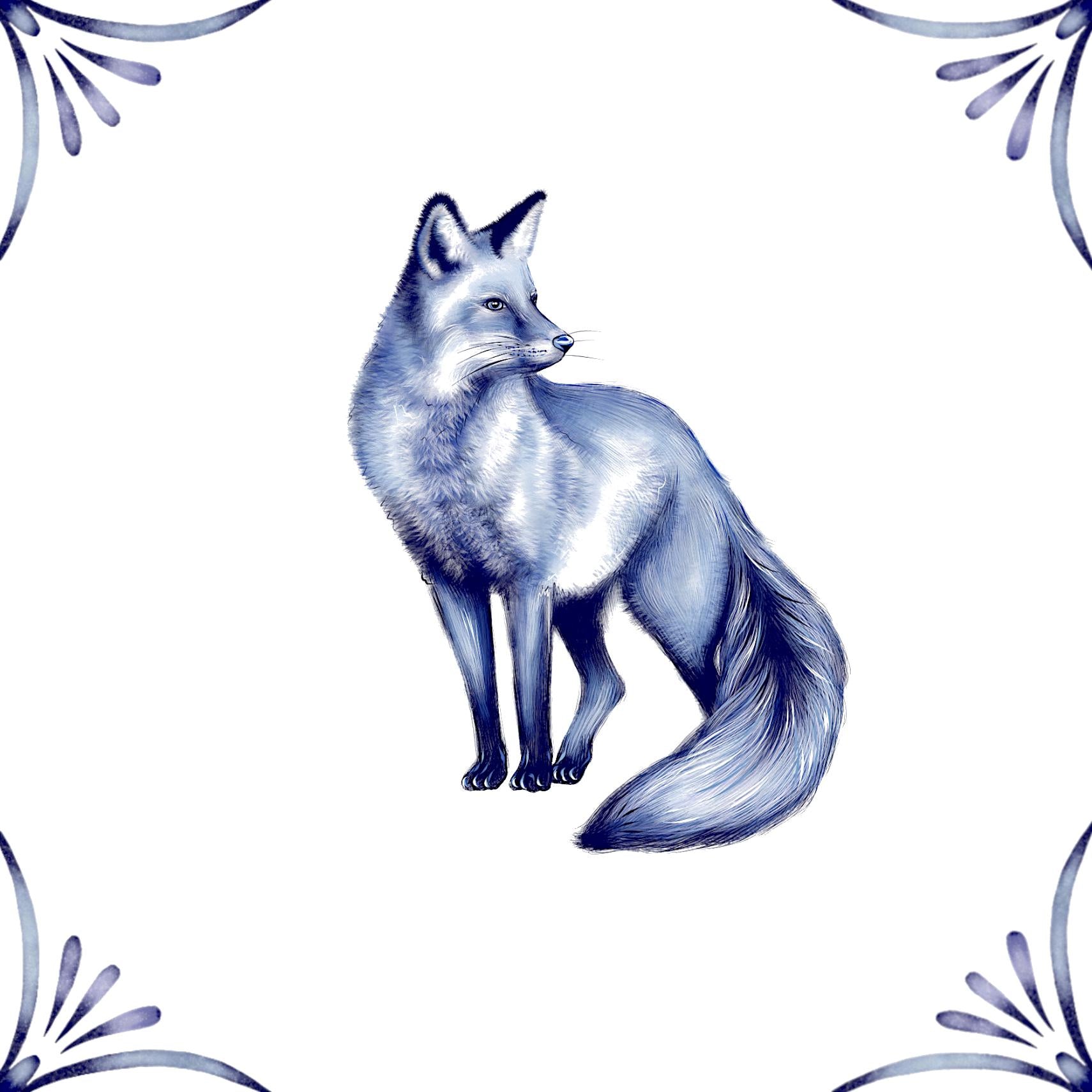 Delft Blue Ceramic Tile- Detailed Fox︱Bathroom Tile, Splashback, Kitchen Tiles, Modern Dutch Style