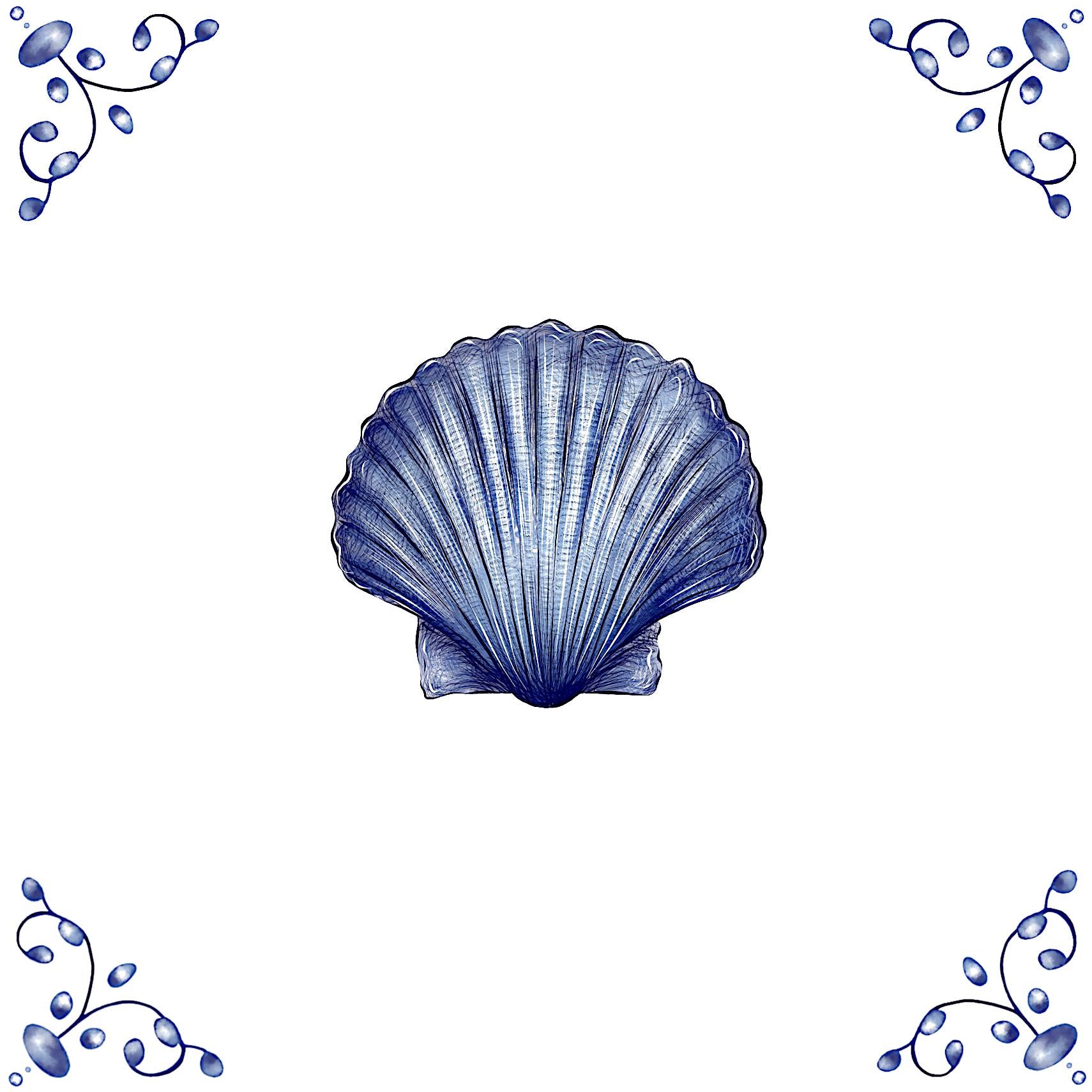 Delft Blue Ceramic Tile- Scallop Shell︱Bathroom Tile, Splashback, Kitchen Tiles, Modern Dutch Style