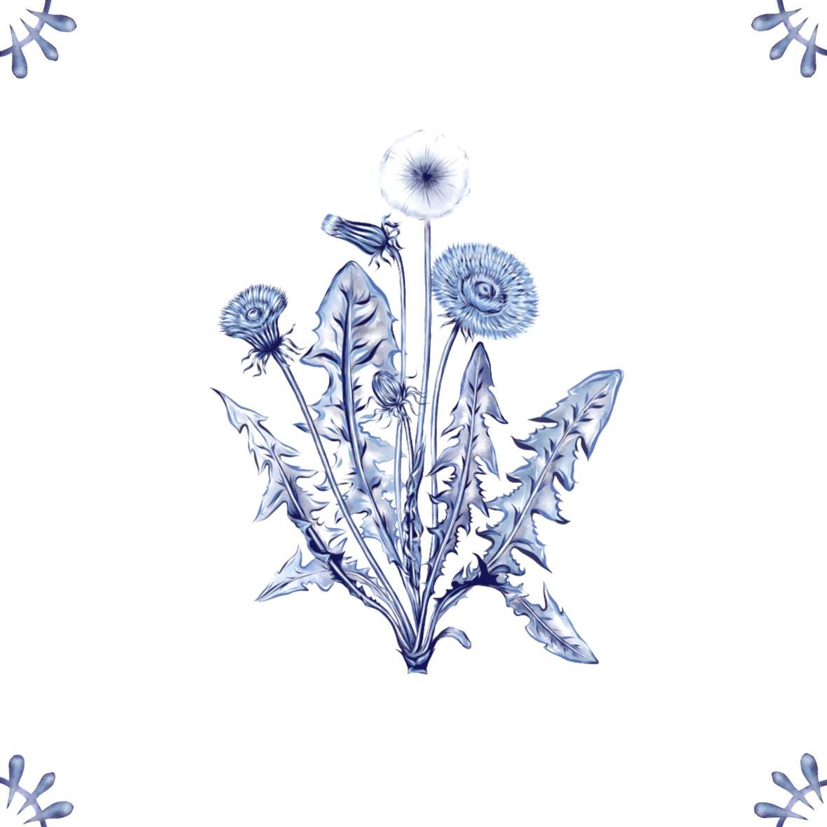 Delft Blue Ceramic Tile- Dandelion︱Bathroom Tile, Splashback, Kitchen Tiles, Modern Dutch Style