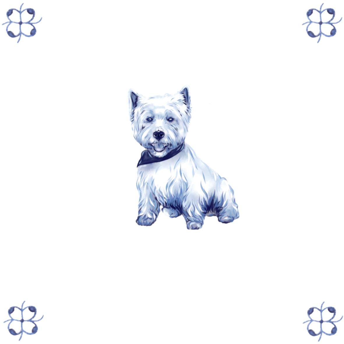 Delft Blue Ceramic Tile- West Highland Terrier Dog / Westie︱Bathroom Tile, Splashback, Kitchen Tiles, Modern Dutch Style