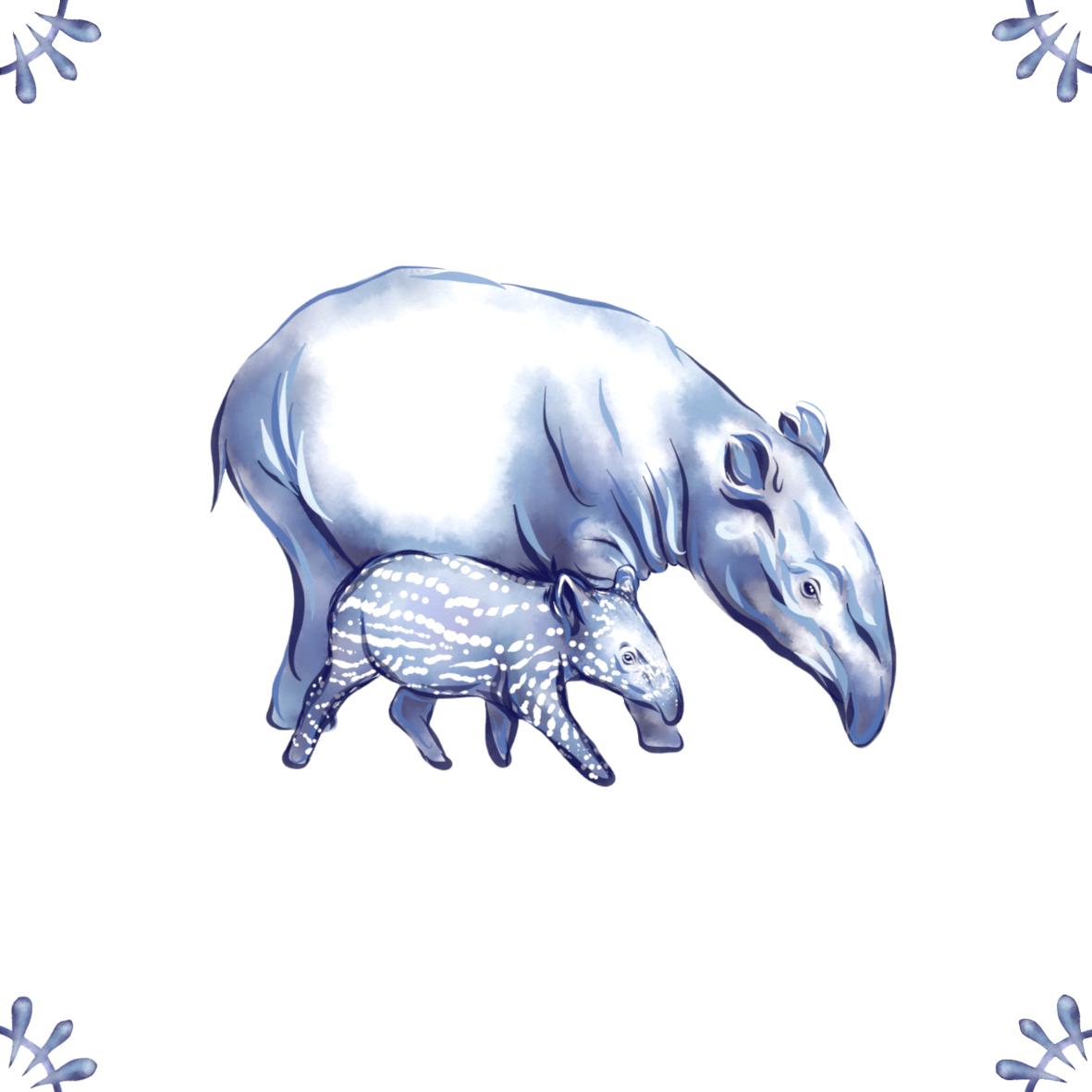 Delft Blue Ceramic Tile- Tapir and Baby︱Bathroom Tile, Splashback, Kitchen Tiles, Modern Dutch Style