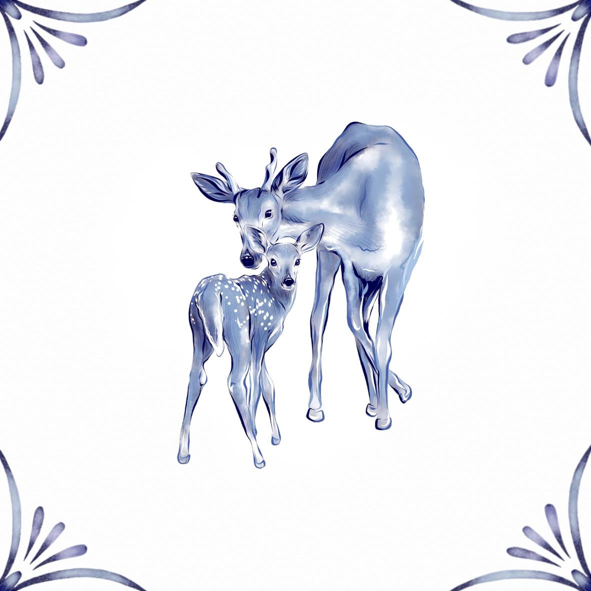 Delft Blue Ceramic Tile- Deer and Fawn︱Bathroom Tile, Splashback, Kitchen Tiles, Modern Dutch Style