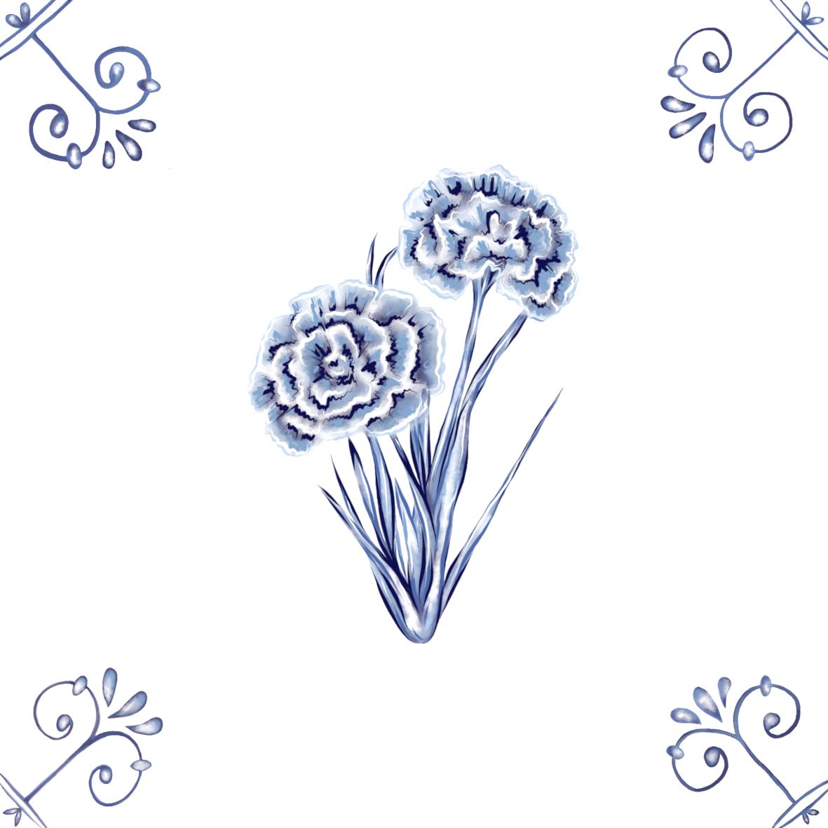Delft Blue Ceramic Tile- Dianthus︱Bathroom Tile, Splashback, Kitchen Tiles, Modern Dutch Style
