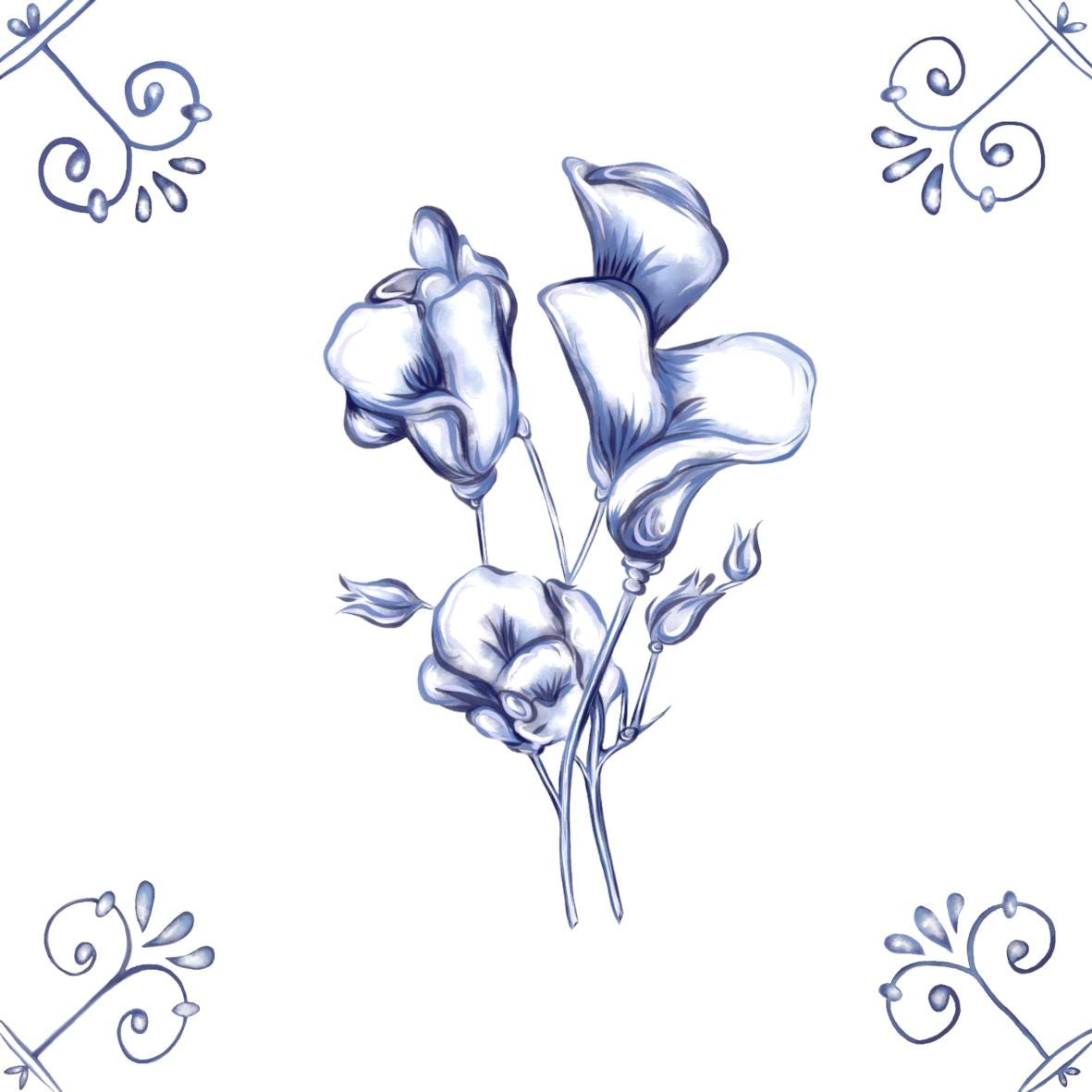 Delft Blue Ceramic Tile- Sweet Pea︱Bathroom Tile, Splashback, Kitchen Tiles, Modern Dutch Style