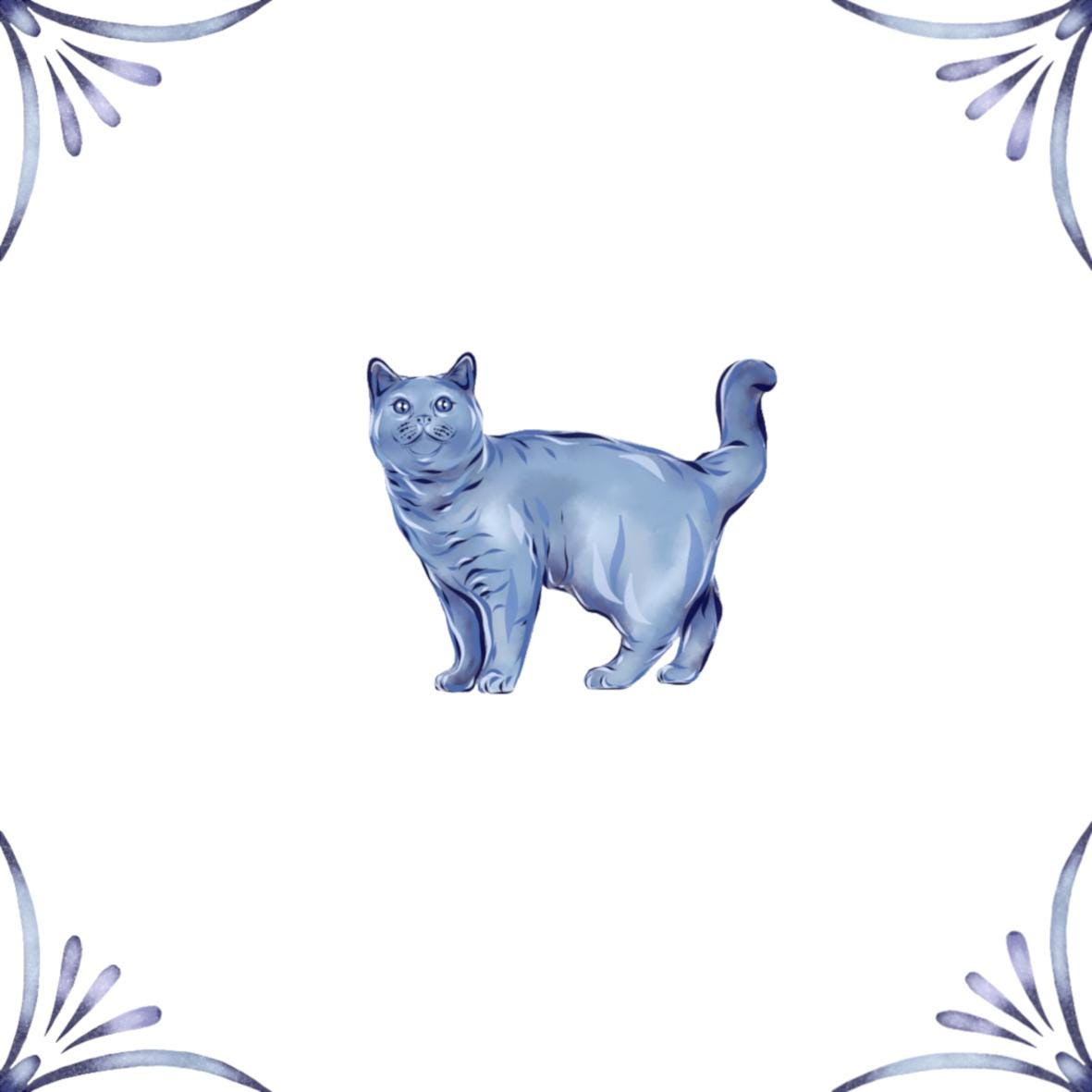 Delft Blue Ceramic Tile- British Shorthair Cat︱Bathroom Tile, Splashback, Kitchen Tiles, Modern Dutch Style