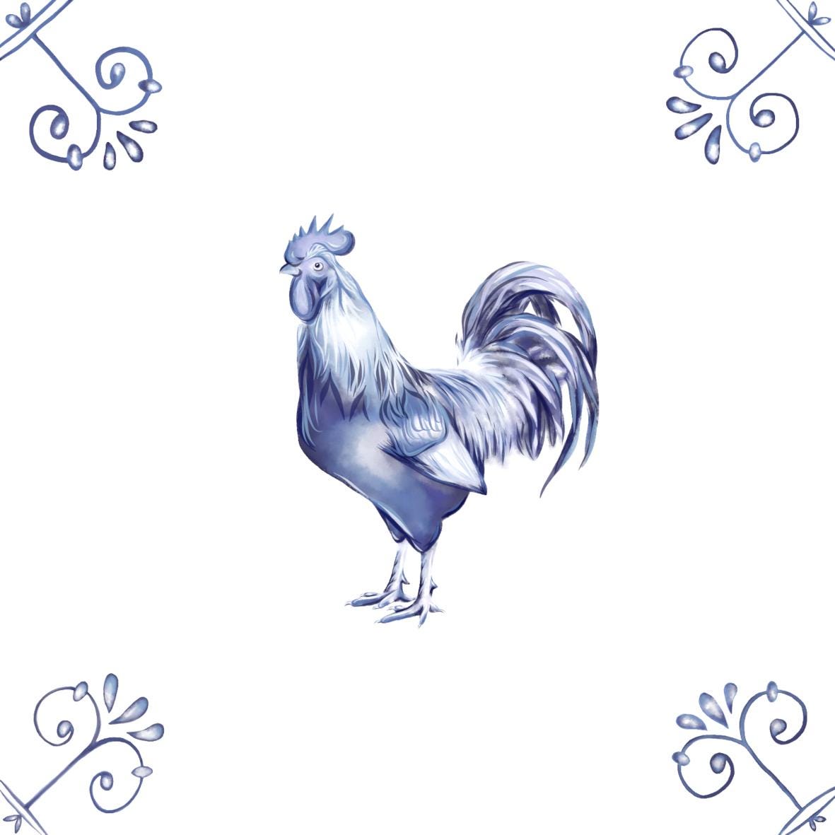 Delft Blue Ceramic Tile- Cockerel︱Bathroom Tile, Splashback, Kitchen Tiles, Modern Dutch Style
