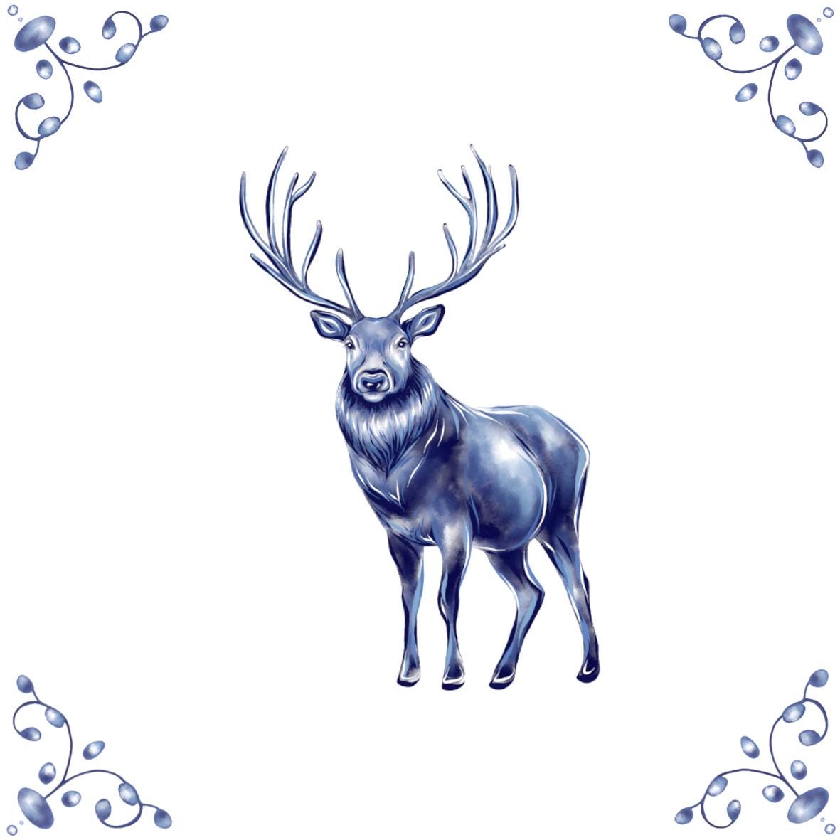 Delft Blue Ceramic Tile- Stag Reindeer︱Bathroom Tile, Splashback, Kitchen Tiles, Modern Dutch Style