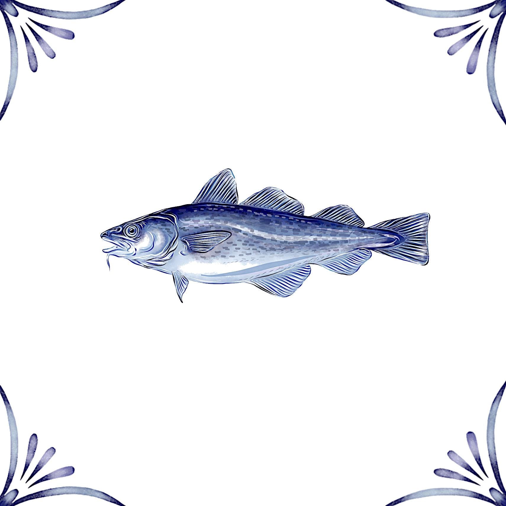 Delft Blue Ceramic Tile- Cod Fish︱Bathroom Tile, Splashback, Kitchen Tiles, Modern Dutch Style