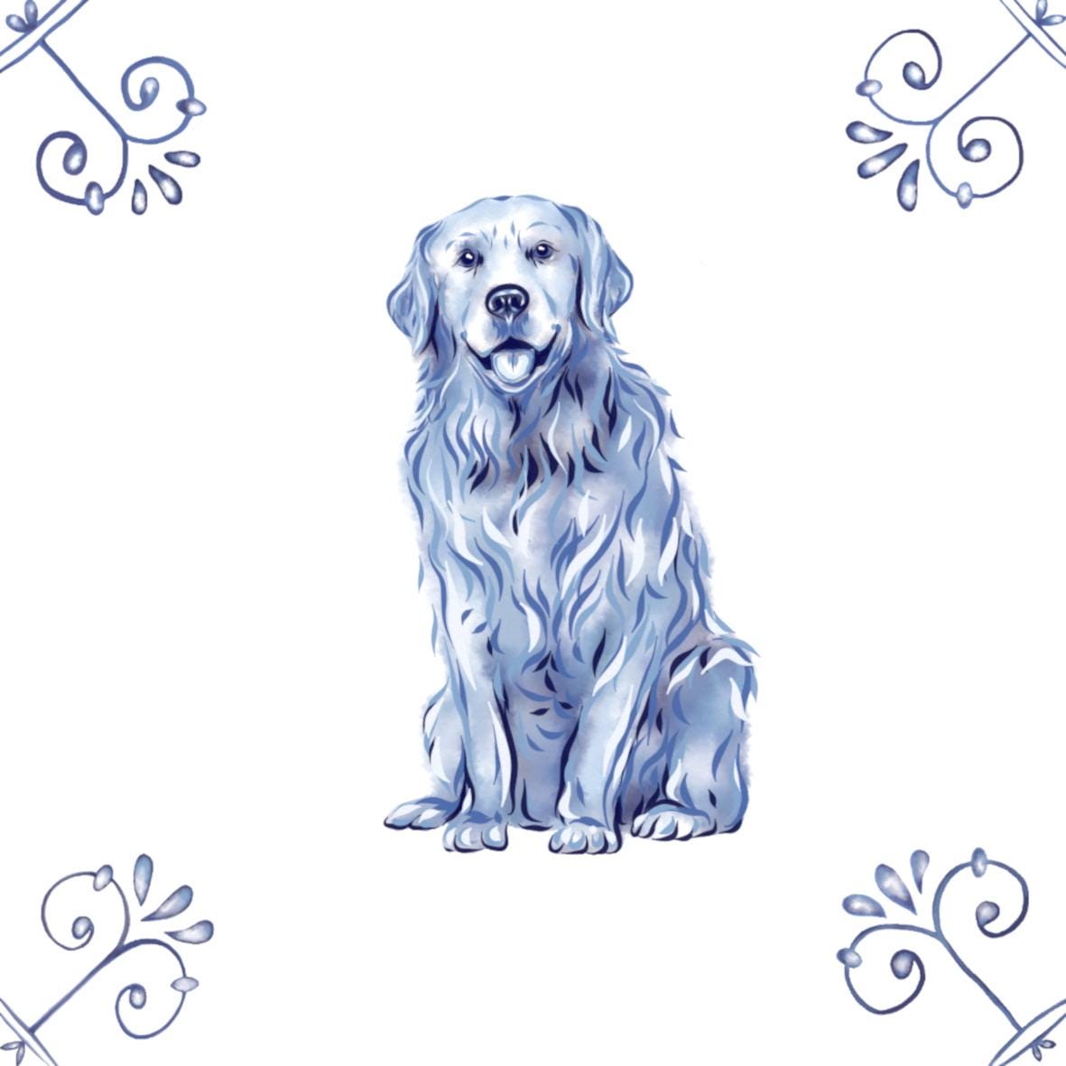 Delft Blue Ceramic Tile- Golden Retriever Dog︱Bathroom Tile, Splashback, Kitchen Tiles, Modern Dutch Style