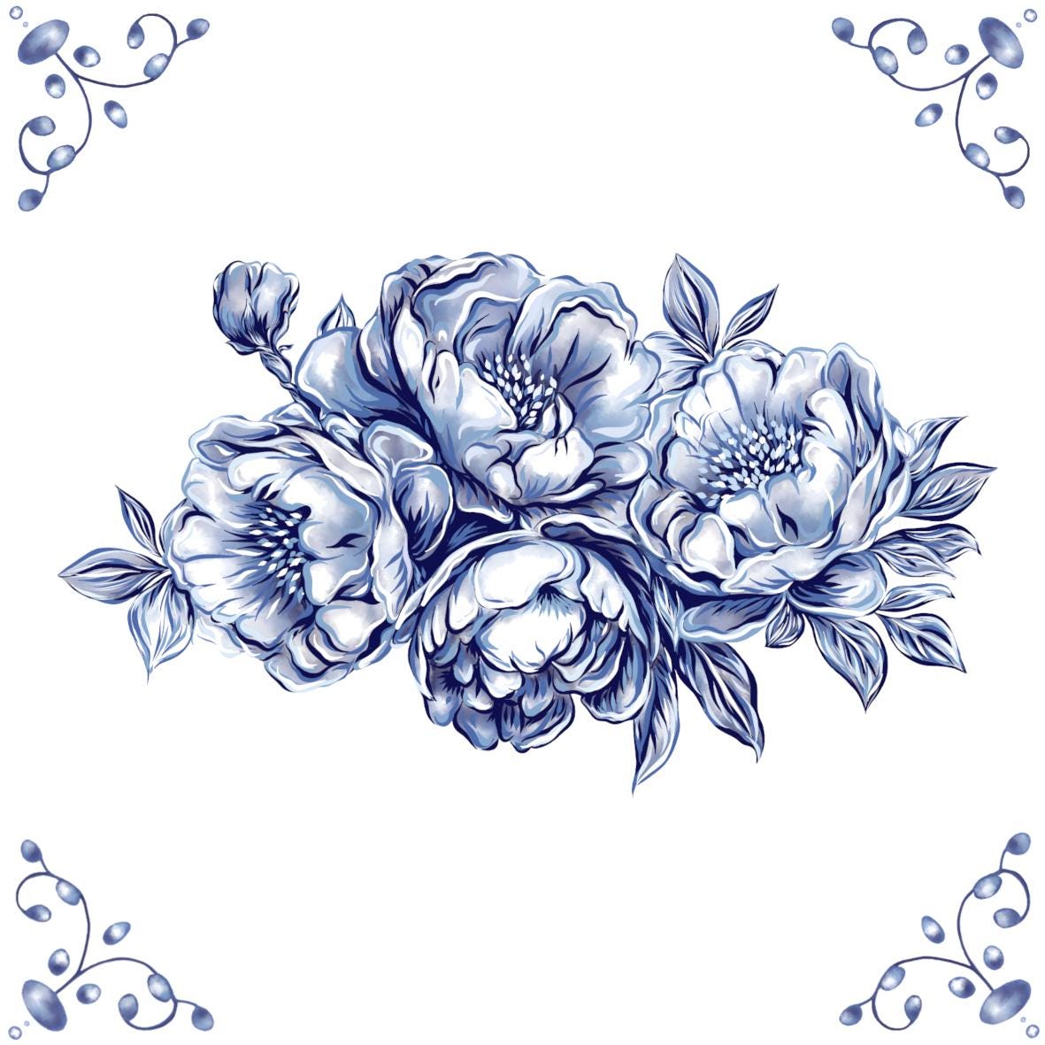 Delft Blue Ceramic Tile- Peony Cluster︱Bathroom Tile, Splashback, Kitchen Tiles, Modern Dutch Style