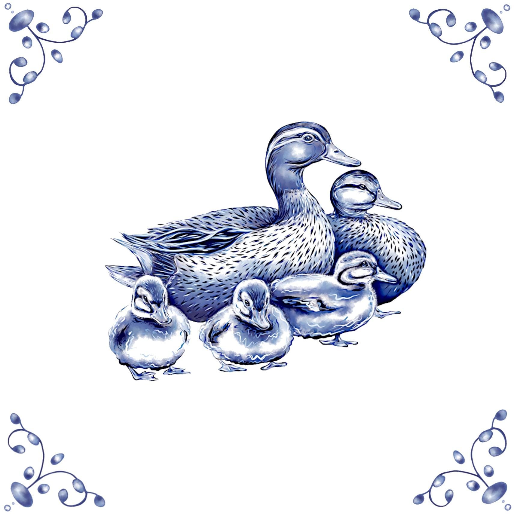 Delft Blue Ceramic Tile- Duck Family︱Bathroom Tile, Splashback, Kitchen Tiles, Modern Dutch Style