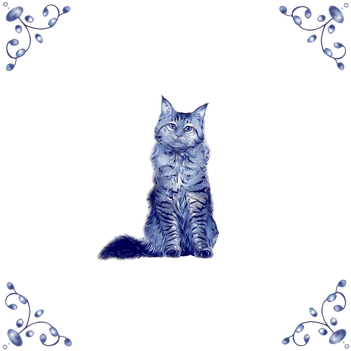 Delft Blue Ceramic Tile- Maine Coon Cat︱Bathroom Tile, Splashback, Kitchen Tiles, Modern Dutch Style