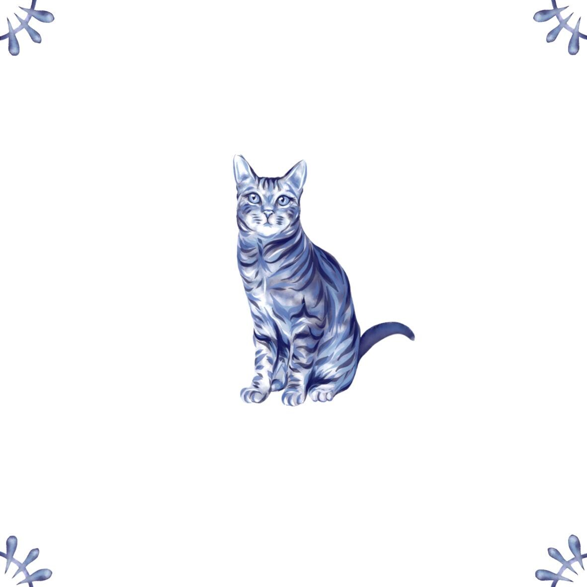 Delft Blue Ceramic Tile- Tabby Cat︱Bathroom Tile, Splashback, Kitchen Tile, Modern Dutch Style