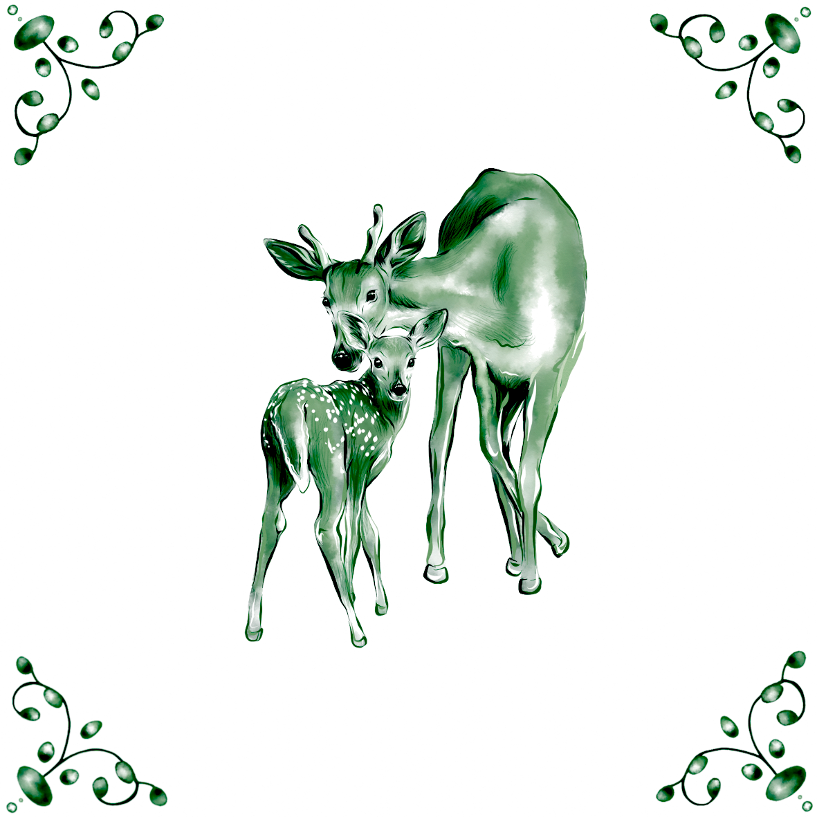 Delft Blue Ceramic Tile- Deer and Fawn︱Bathroom Tile, Splashback, Kitchen Tiles, Modern Dutch Style