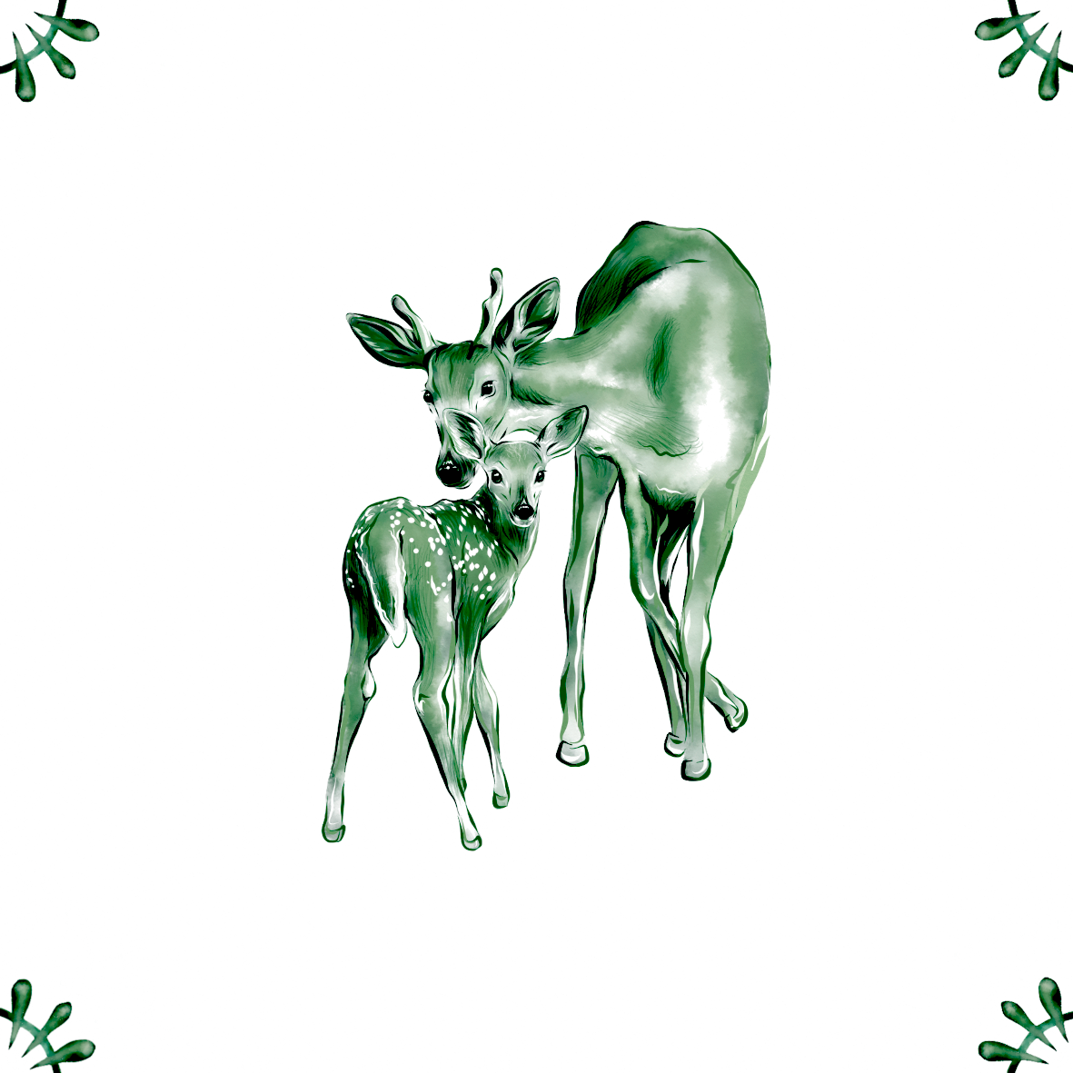 Delft Blue Ceramic Tile- Deer and Fawn︱Bathroom Tile, Splashback, Kitchen Tiles, Modern Dutch Style