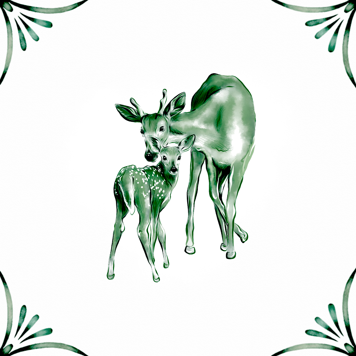 Delft Blue Ceramic Tile- Deer and Fawn︱Bathroom Tile, Splashback, Kitchen Tiles, Modern Dutch Style