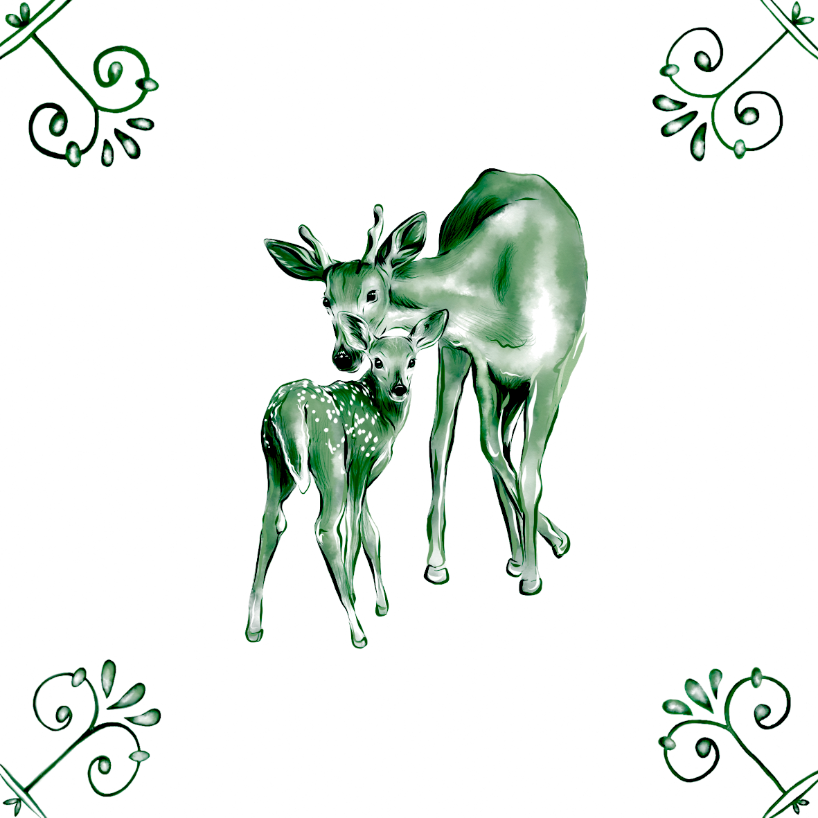 Delft Blue Ceramic Tile- Deer and Fawn︱Bathroom Tile, Splashback, Kitchen Tiles, Modern Dutch Style