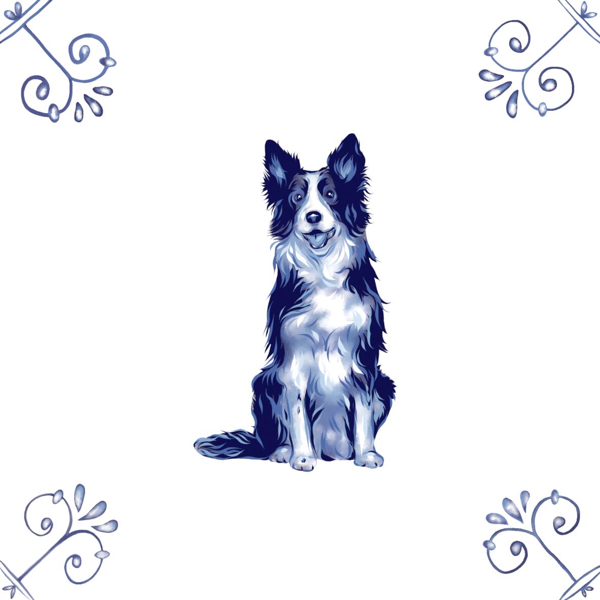 Delft Blue Ceramic Tile- Border Collie Dog︱Bathroom Tile, Splashback, Kitchen Tiles, Modern Dutch Style