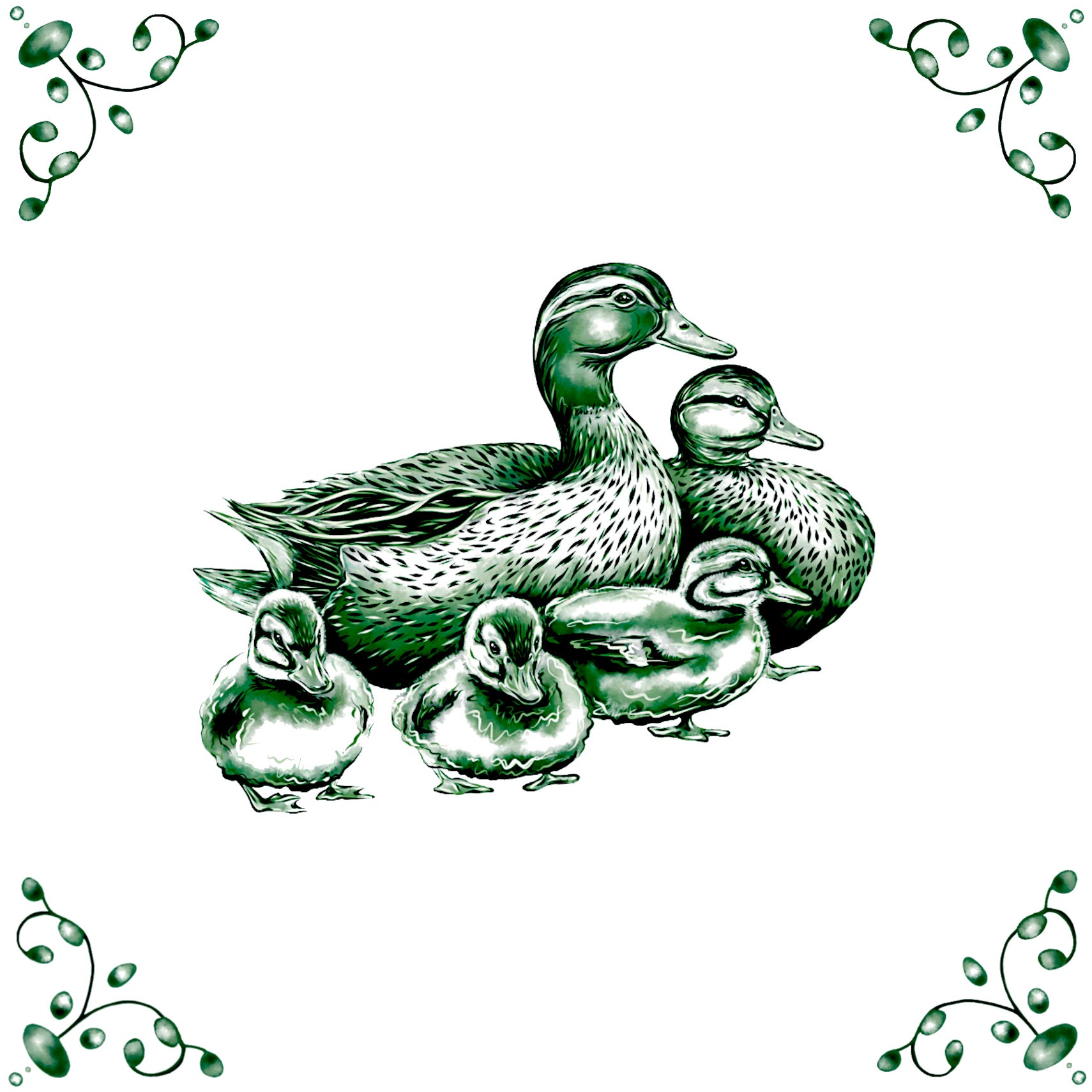 Delft Blue Ceramic Tile- Duck Family︱Bathroom Tile, Splashback, Kitchen Tiles, Modern Dutch Style