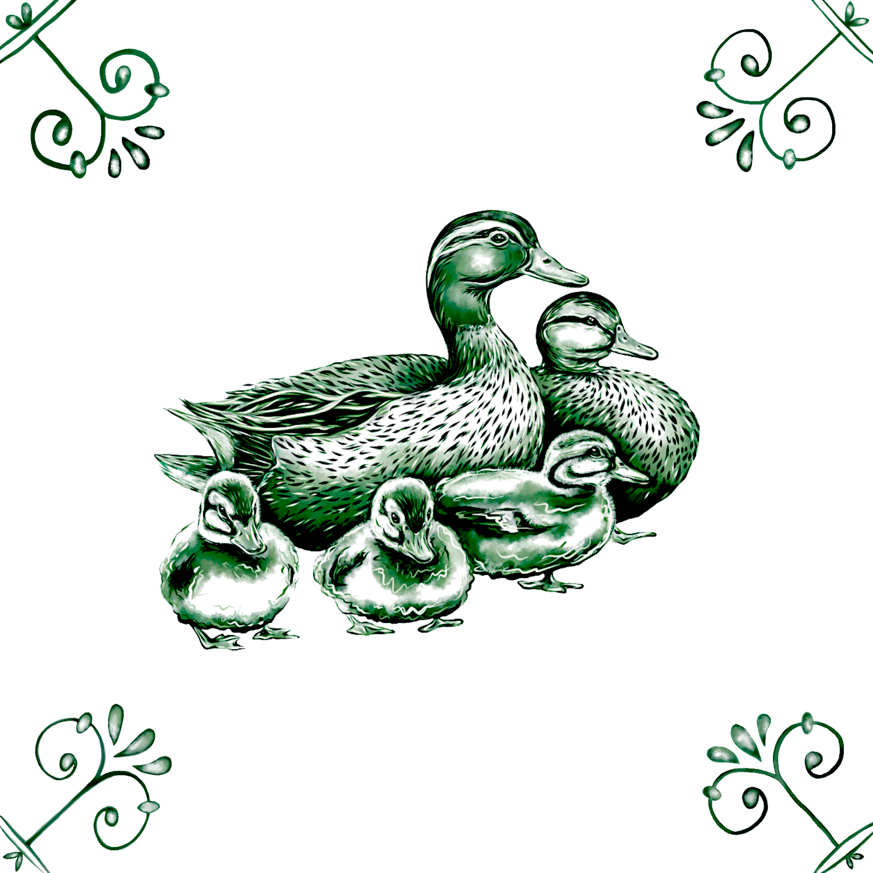 Delft Blue Ceramic Tile- Duck Family︱Bathroom Tile, Splashback, Kitchen Tiles, Modern Dutch Style