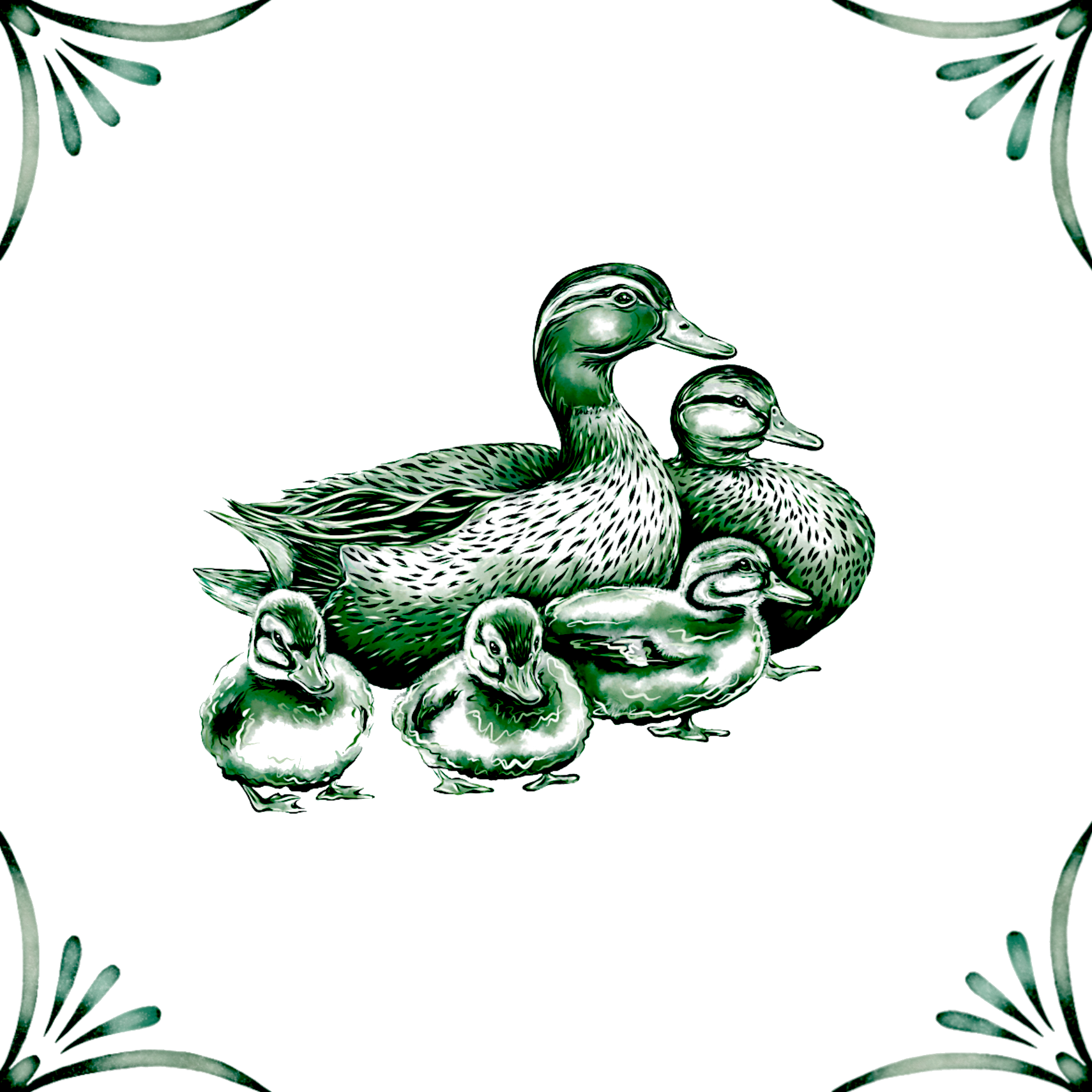Delft Blue Ceramic Tile- Duck Family︱Bathroom Tile, Splashback, Kitchen Tiles, Modern Dutch Style