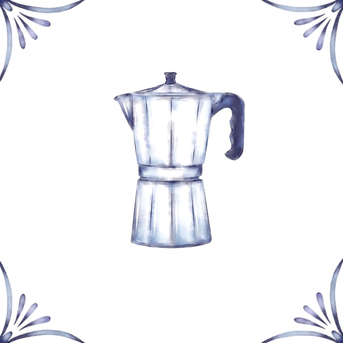 Delft Blue Ceramic Tile- Mocha Pot / Espresso Maker︱Bathroom Tile, Splashback, Kitchen Tiles, Modern Dutch Style