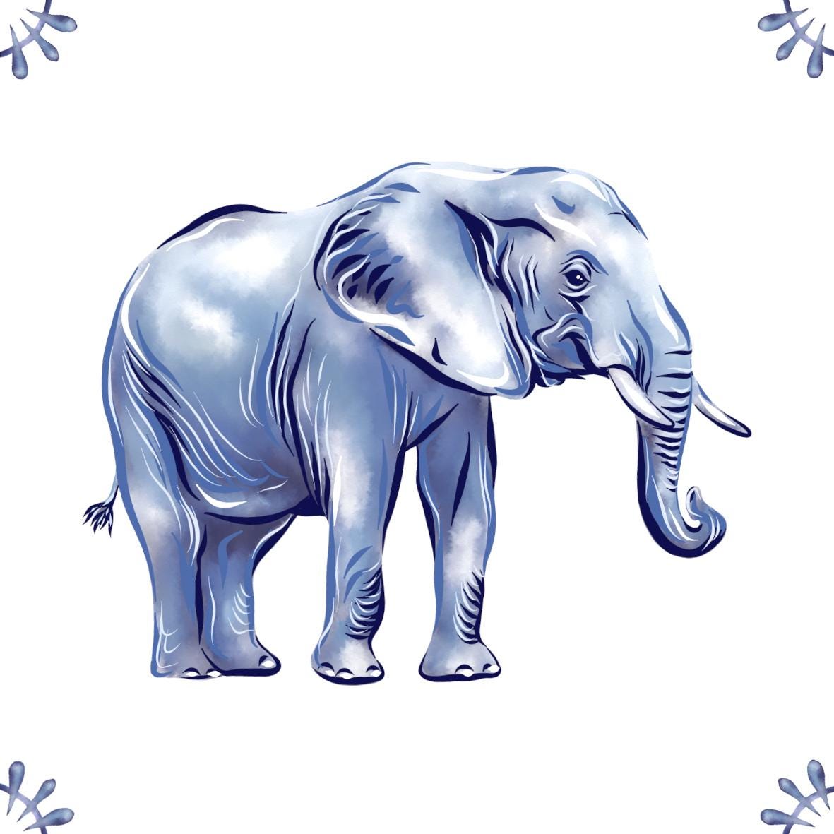 Delft Blue Ceramic Tile- African Elephant︱Bathroom Tile, Splashback, Kitchen Tiles, Modern Dutch Style