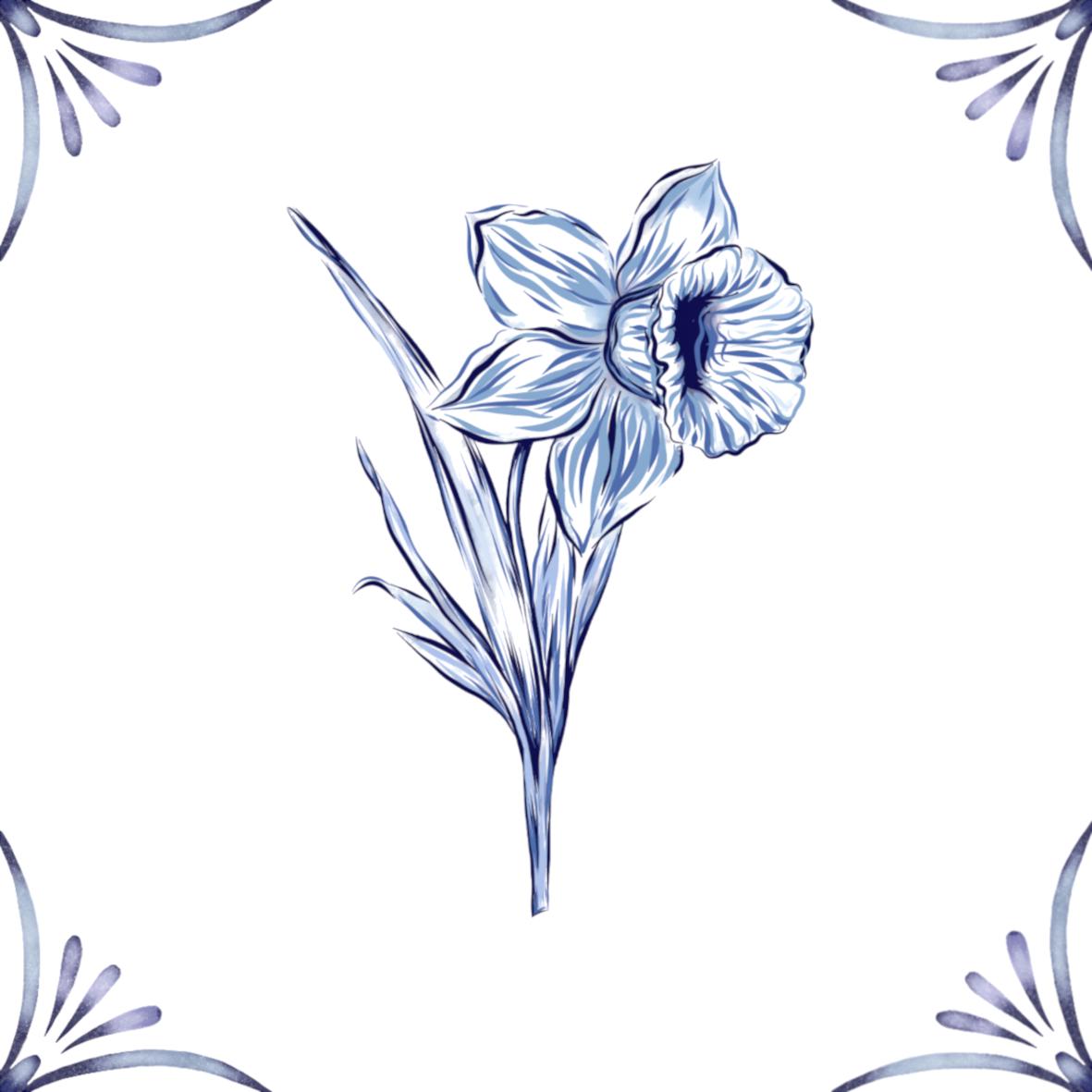 Delft Blue Ceramic Tile- Daffodil︱Bathroom Tile, Splashback, Kitchen Tiles, Modern Dutch Style