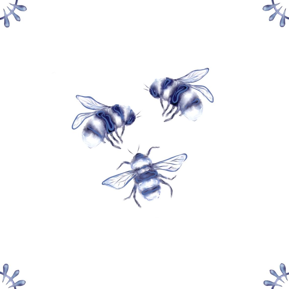 Delft Blue Ceramic Tile- Bees︱Bathroom Tile, Splashback, Kitchen Tiles, Modern Dutch Style