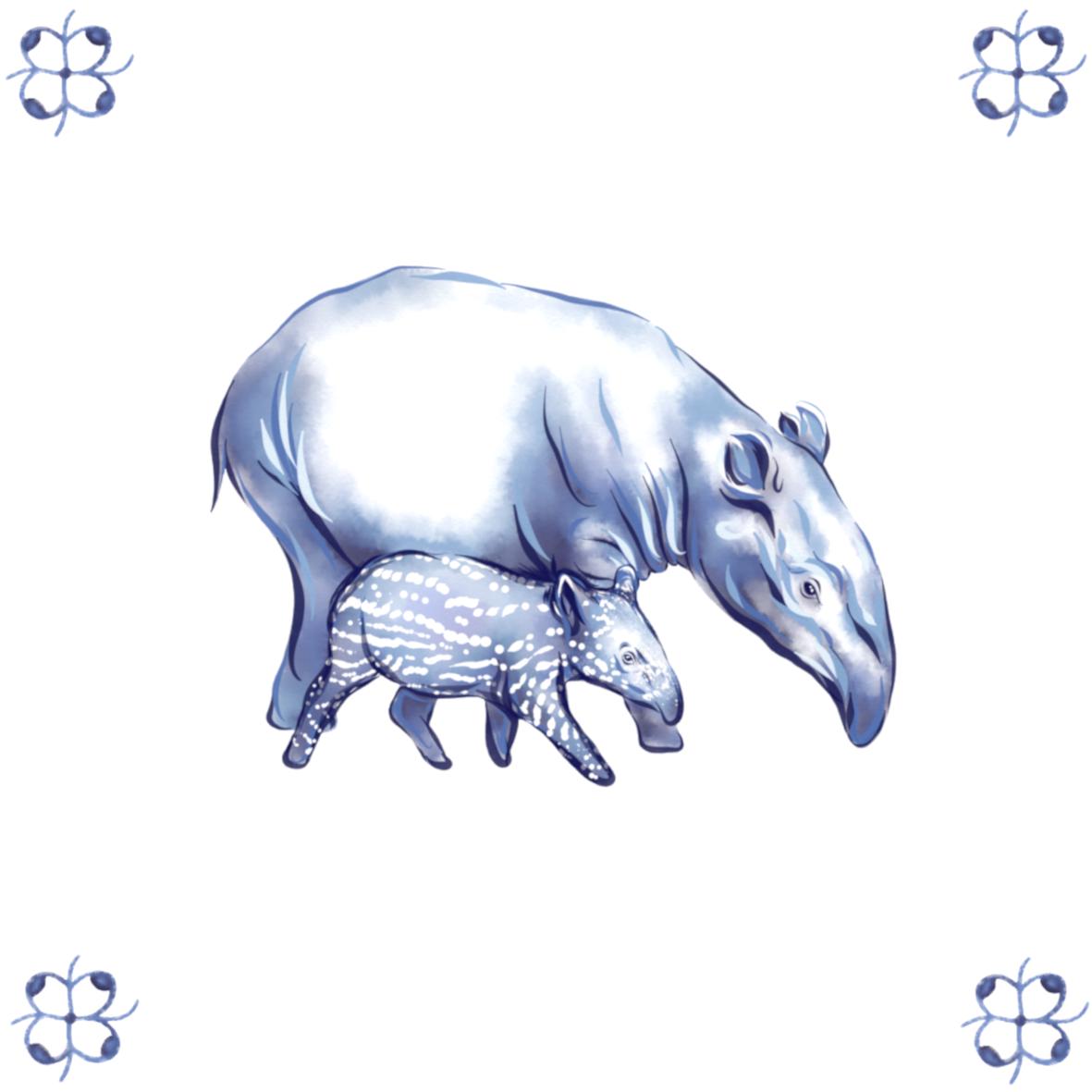Delft Blue Ceramic Tile- Tapir and Baby︱Bathroom Tile, Splashback, Kitchen Tiles, Modern Dutch Style