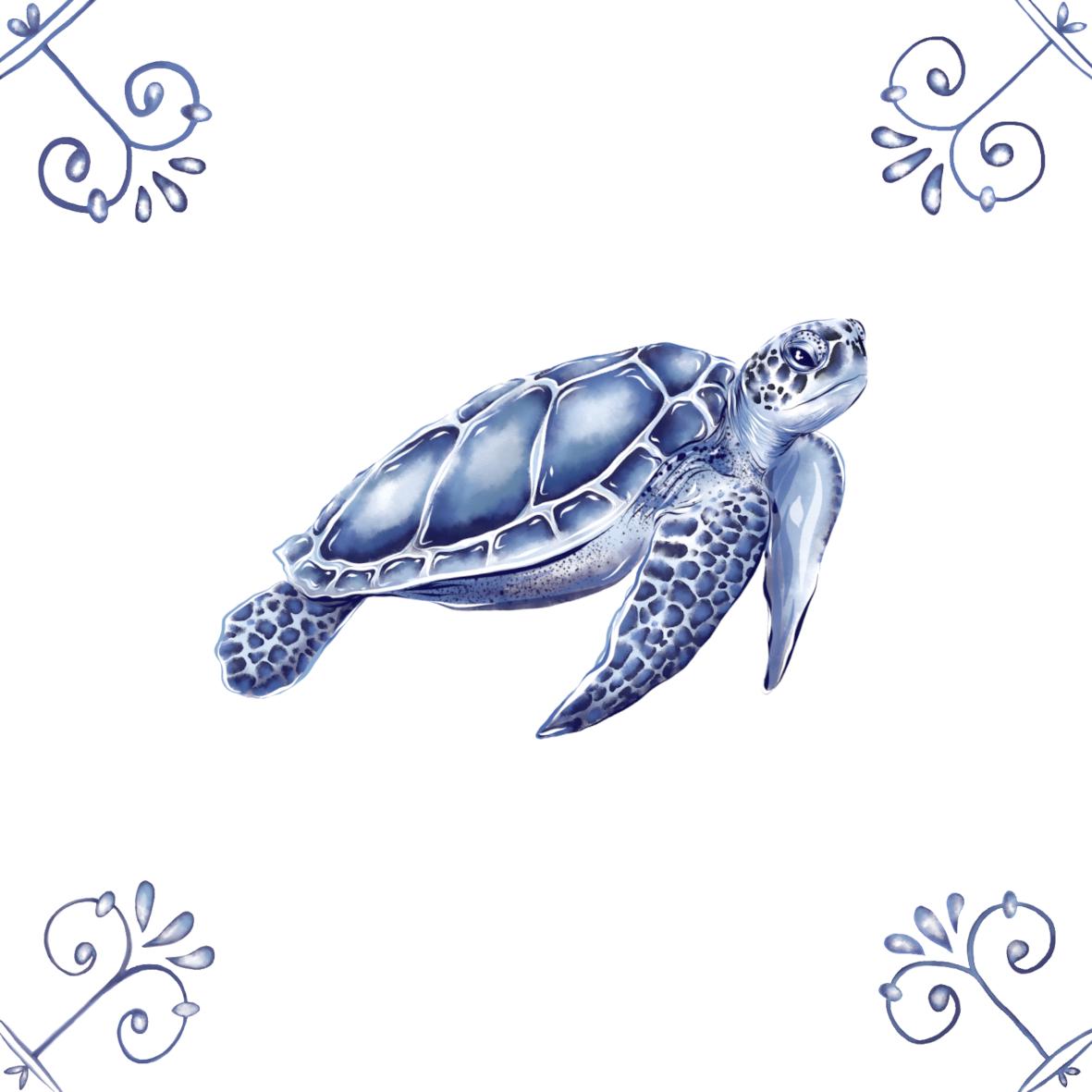Delft Blue Ceramic Tile- Sea Turtle︱Bathroom Tile, Splashback, Kitchen Tiles, Modern Dutch Style