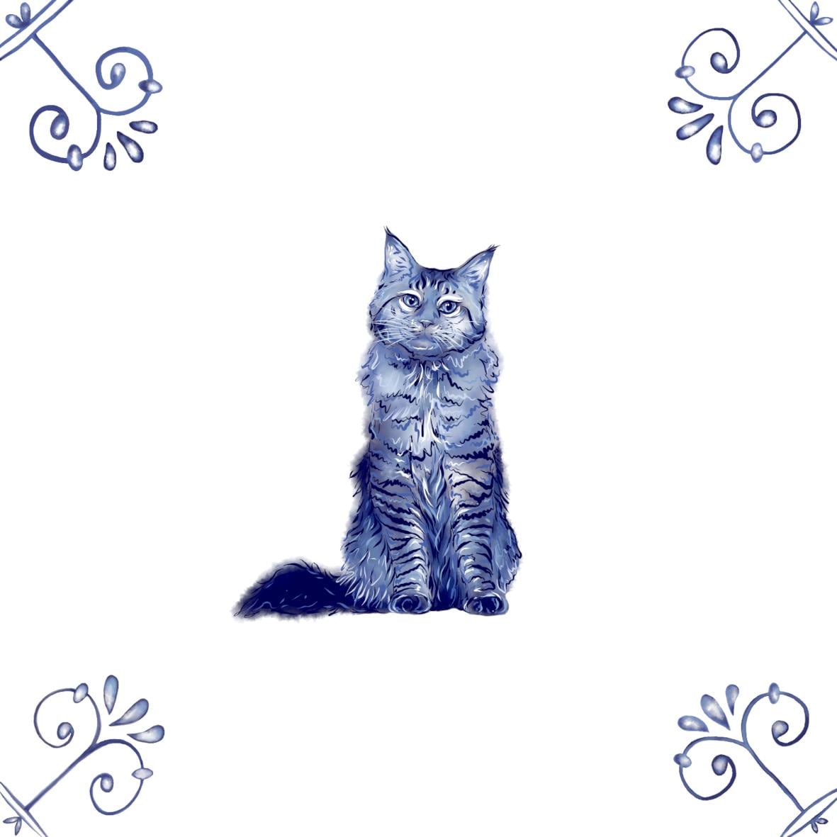 Delft Blue Ceramic Tile- Maine Coon Cat︱Bathroom Tile, Splashback, Kitchen Tiles, Modern Dutch Style