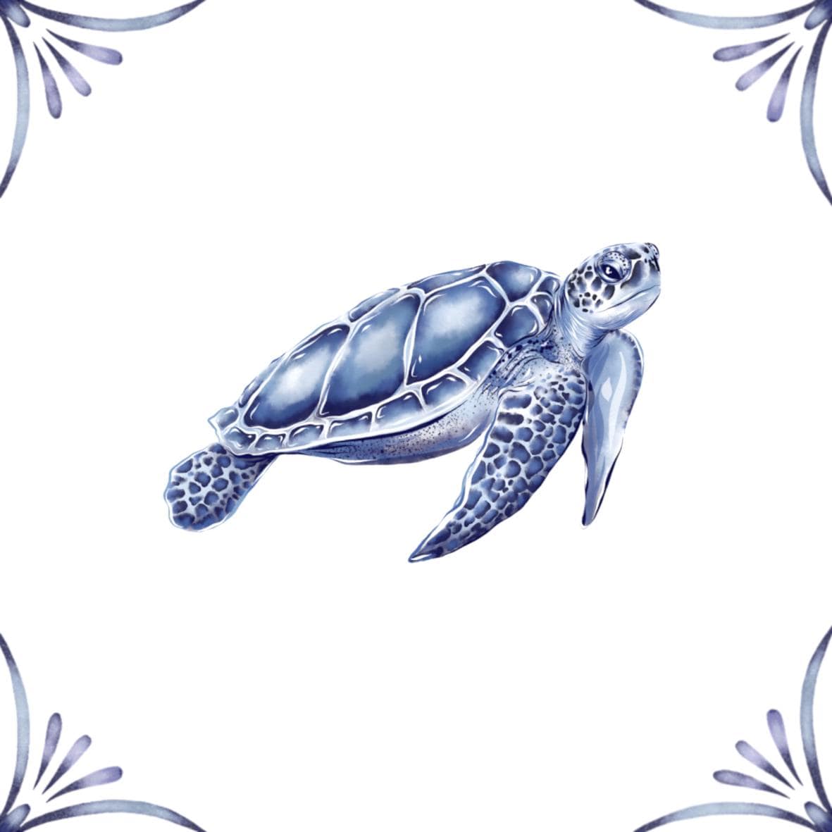 Delft Blue Ceramic Tile- Sea Turtle︱Bathroom Tile, Splashback, Kitchen Tiles, Modern Dutch Style