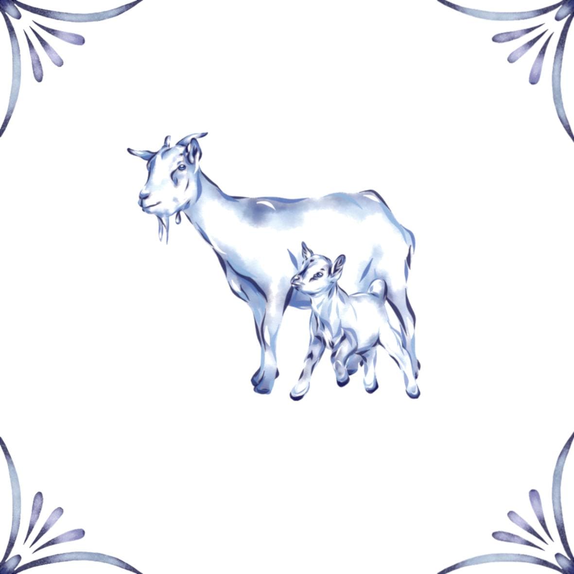 Delft Blue Ceramic Tile- Goat and Kid︱Bathroom Tile, Splashback, Kitchen Tiles, Modern Dutch Style