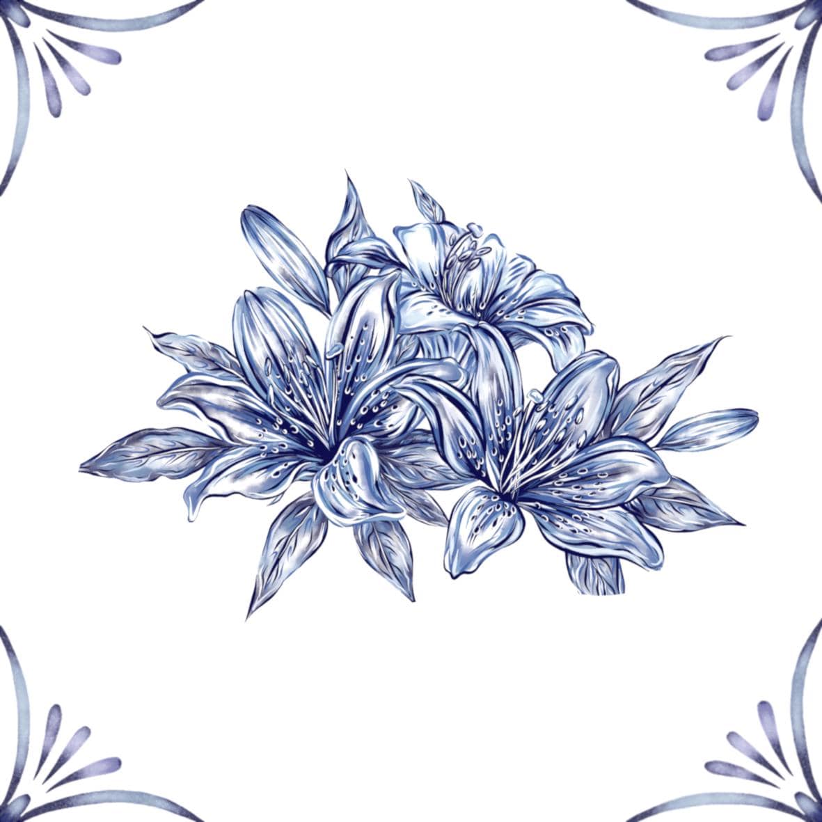 Delft Blue Ceramic Tile- Lily Cluster︱Bathroom Tile, Splashback, Kitchen Tiles, Modern Dutch Style