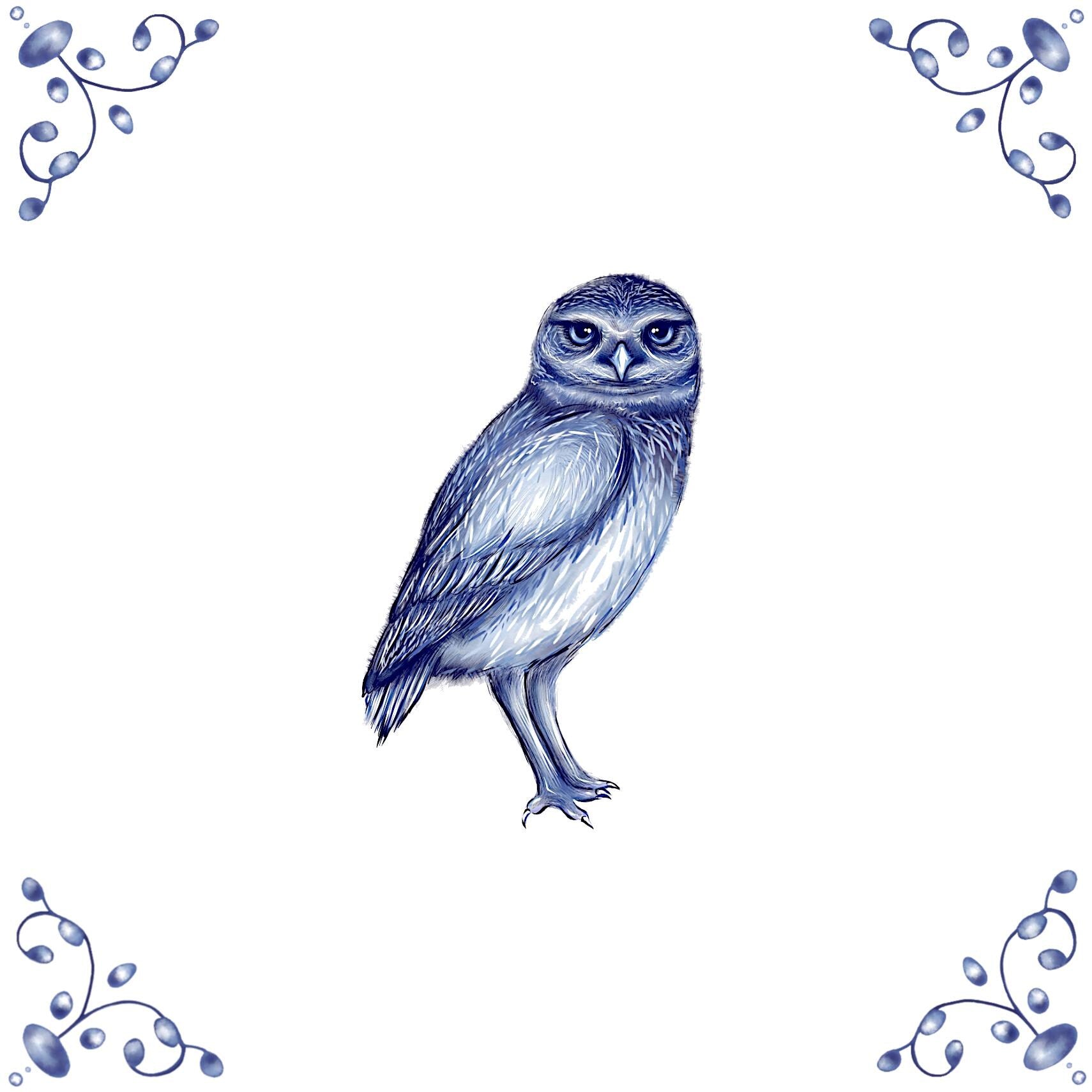 Delft Blue Ceramic Tile- Burrowing Owl︱Bathroom Tile, Splashback, Kitchen Tiles, Modern Dutch Style