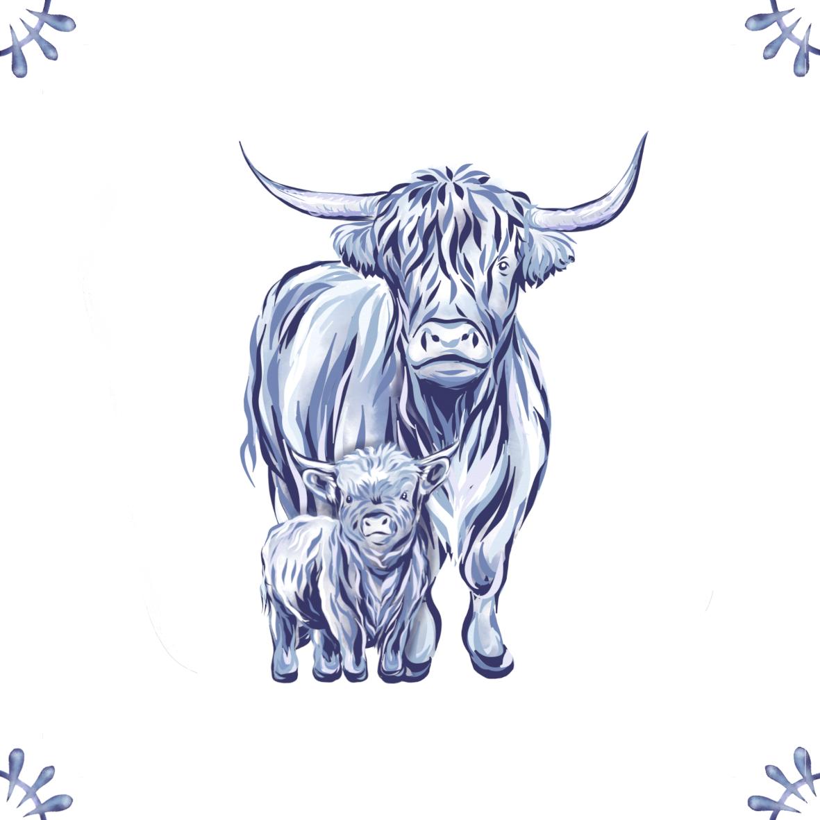 Delft Blue Ceramic Tile- Highland Cow and Calf︱Bathroom Tile, Splashback, Kitchen Tiles, Modern Dutch Style