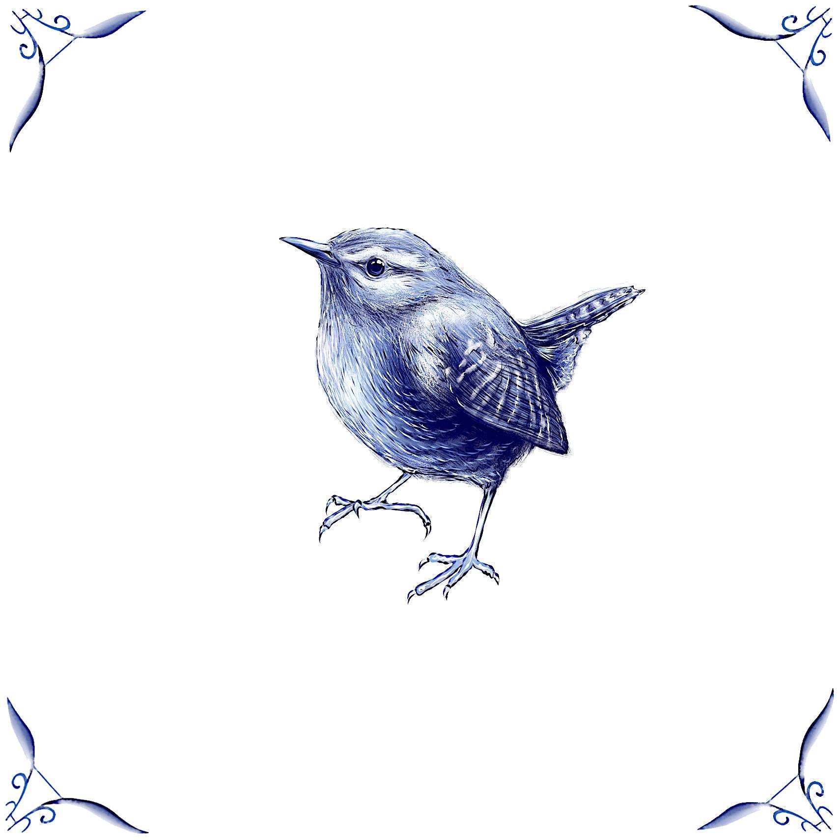 Delft Blue Ceramic Tile- Detailed Wren︱Bathroom Tile, Splashback, Kitchen Tiles, Modern Dutch Style