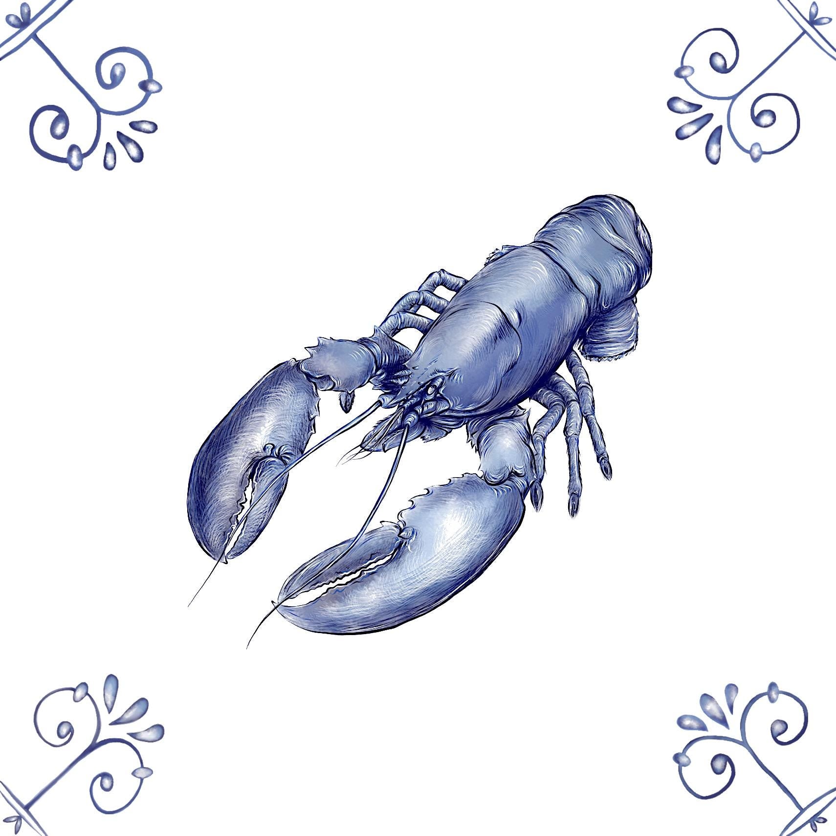 Delft Blue Ceramic Tile- Lobster︱Bathroom Tile, Splashback, Kitchen Tiles, Modern Dutch Style