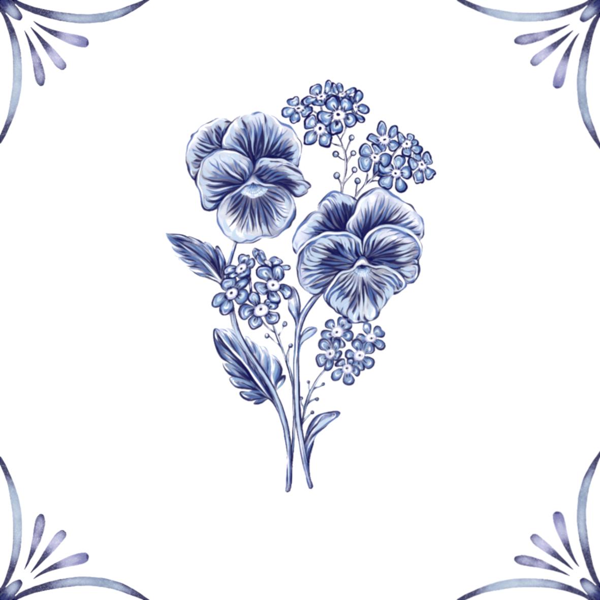 Delft Blue Ceramic Tile- Pansy︱Bathroom Tile, Splashback, Kitchen Tiles, Modern Dutch Style