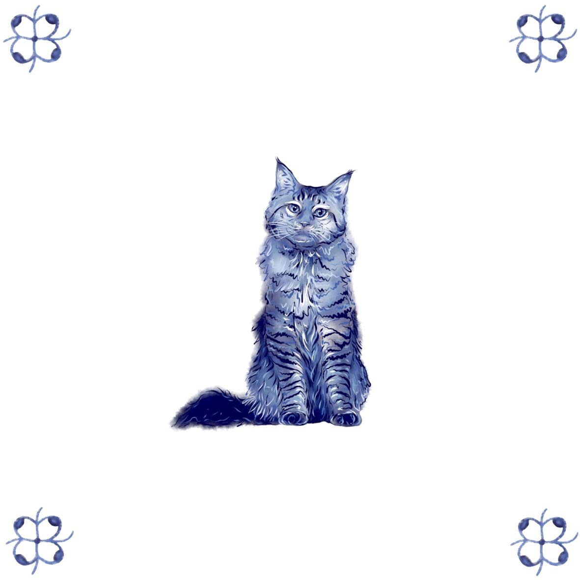 Delft Blue Ceramic Tile- Maine Coon Cat︱Bathroom Tile, Splashback, Kitchen Tiles, Modern Dutch Style